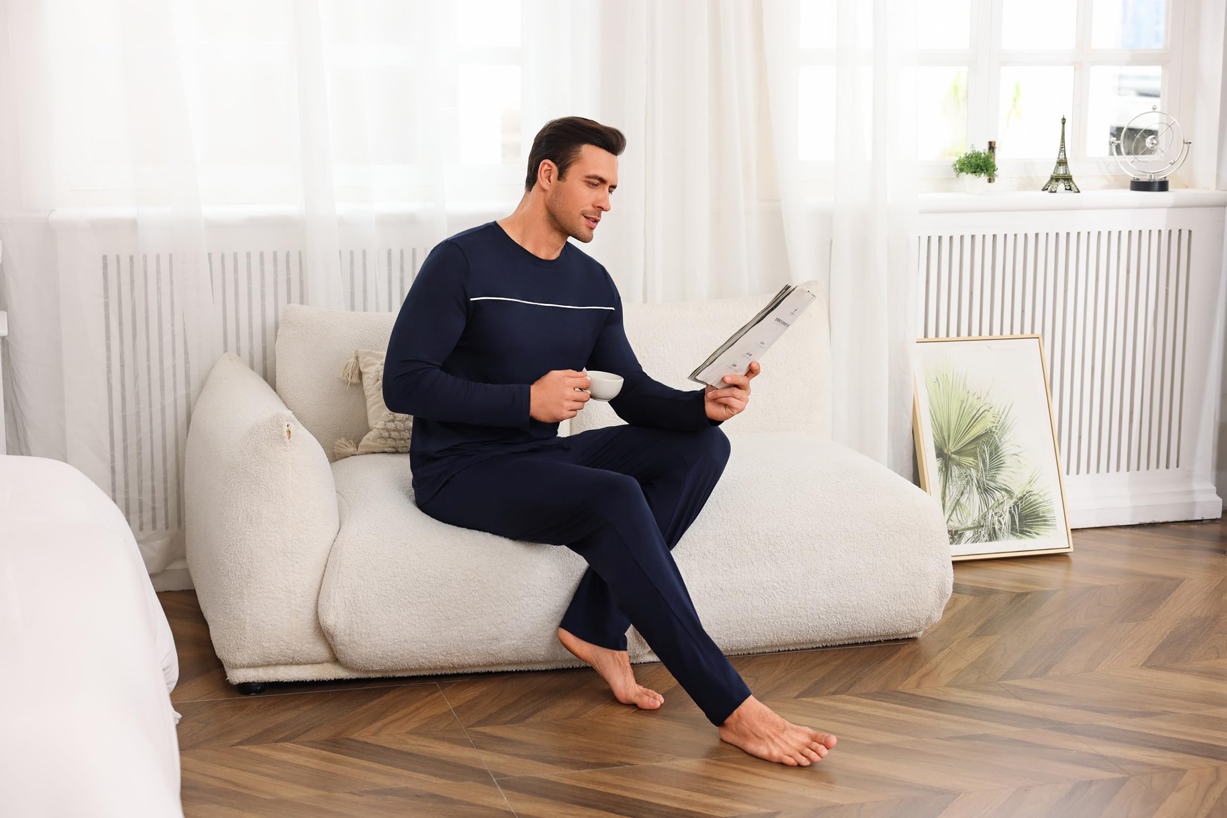 Marvmys Herren Schlafanzug Lang Winter Baumwolle Pyjama Set Rundhals Taschen Verstellbarer Bund Bequeme Nachtwäsche