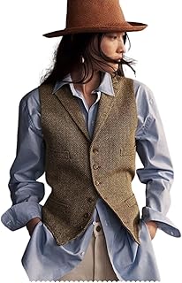 Womens Herringbone Tweed Waistcoat Lapel Sleeveless Blazers V Neck Work ...