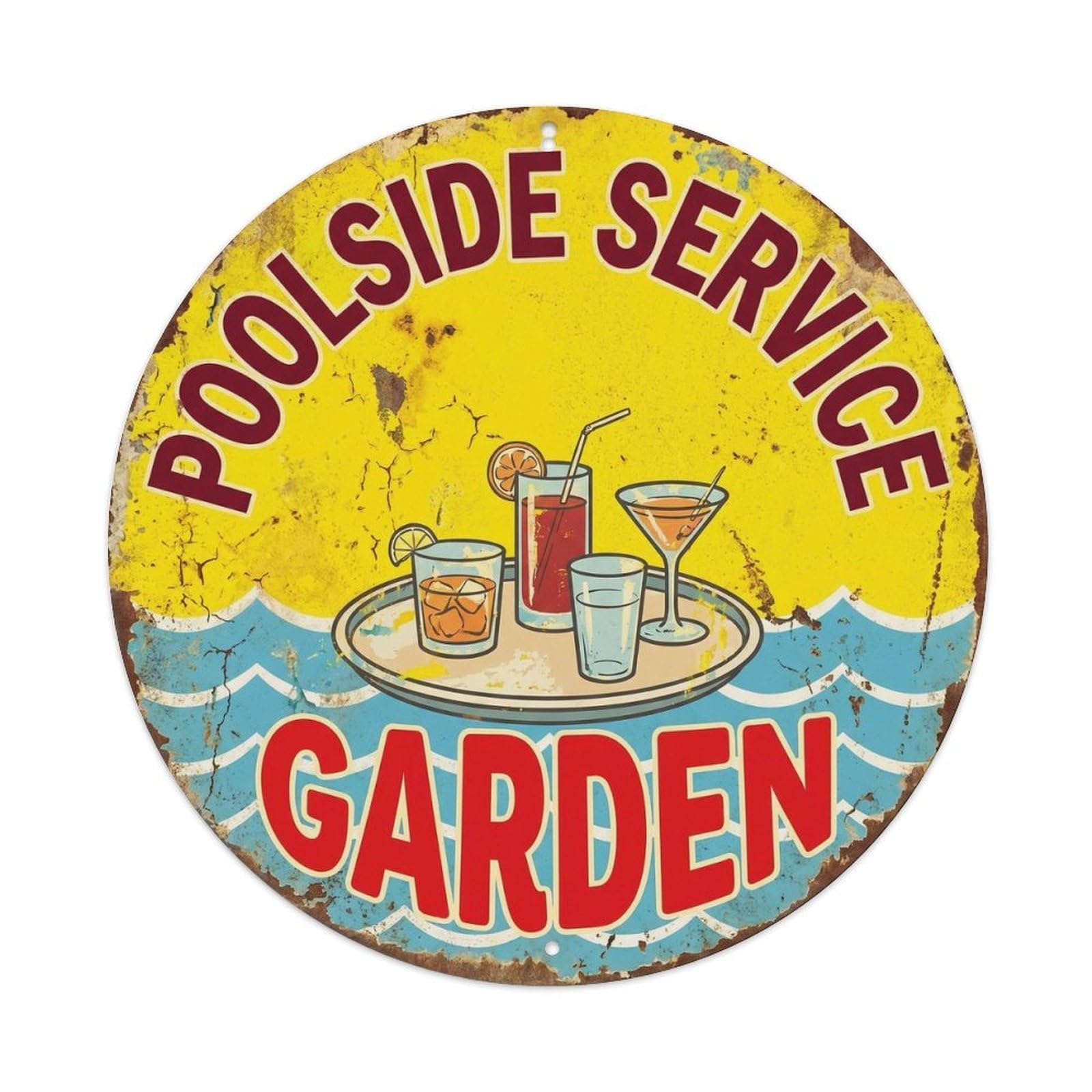 Yrnq Vintage Style Poolside Service Garden Vintage Metal Tin Sign Plaque Wall Decor For Cafe, Club, Garden Round Metal Poster 8X8inch