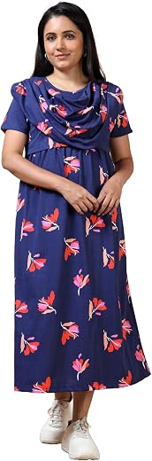 Mayaval Women's Maternity Midi Dress Navy Blue Cotton with Heart Print Short Sleeve Draped Dupatta Style