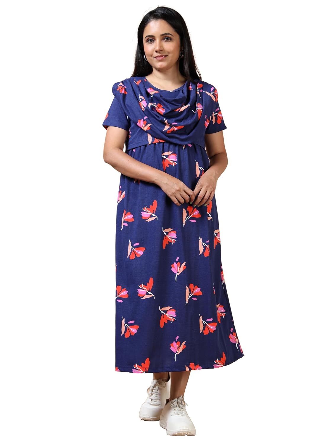 Mayaval Women's Maternity Midi Dress Navy Blue Cotton with Heart Print Short Sleeve Draped Dupatta Style