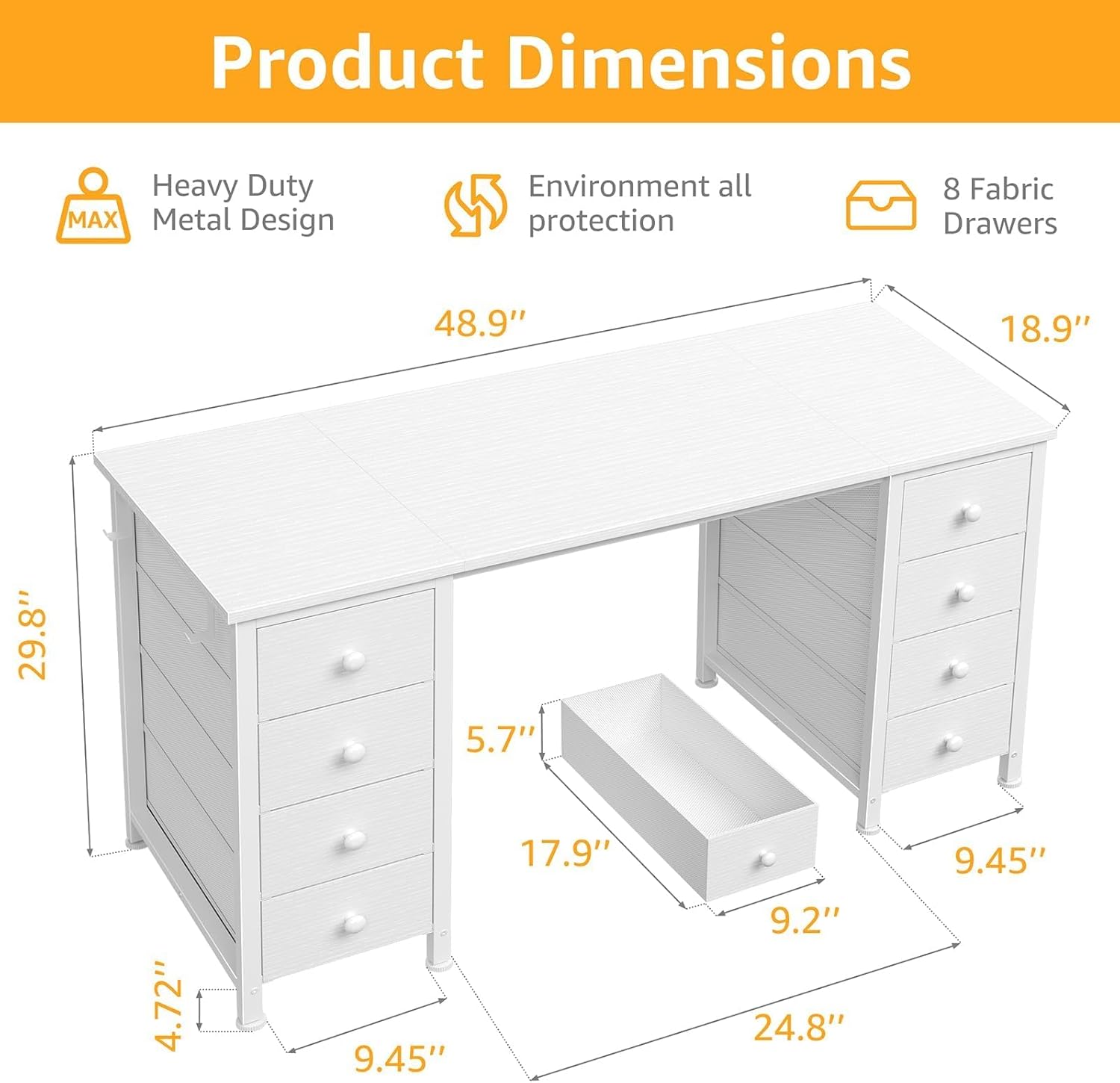 White Vanity Desk No Mirror - 47 Inch White Office Computer Desk with 8 Fabric Drawers on Both Sides for Girls, Makeup Work Writing Study Desks, Vanity Table No Mirror for Bedroom White 47.2"