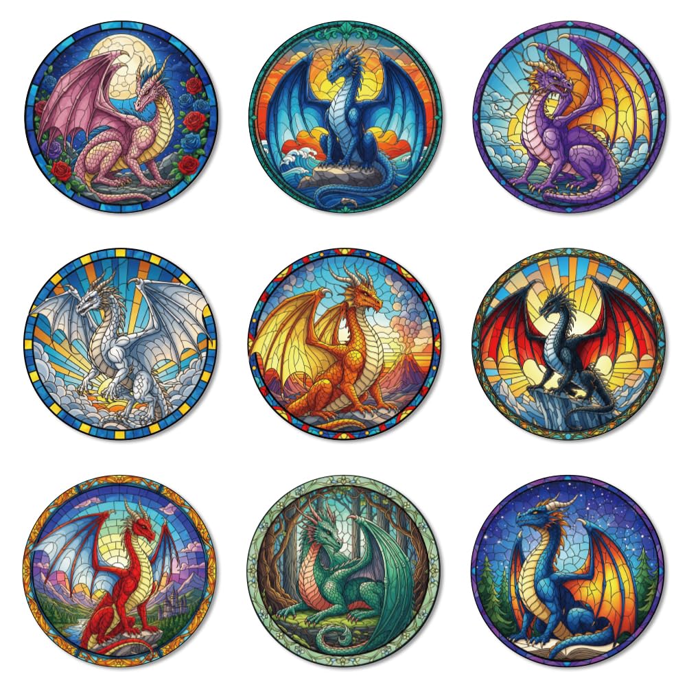 ANATTASOUL Wood Coasters Set of 9 for Drinks Fantasy Dragon Pattern Colorful Wooden Cup Mat for Coffee Table Decor, 3.9" Non-Slip Desk Coasters for Home, Apartment, Office, Bar Gifts