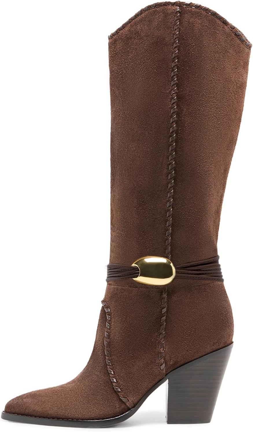 KISSASA Cowboy Knee High Boots Western Cowgirl Stacked Block Heel Pointed Toe Pull On Slouchy Tall Boots with Ankle Gold Metal Accent