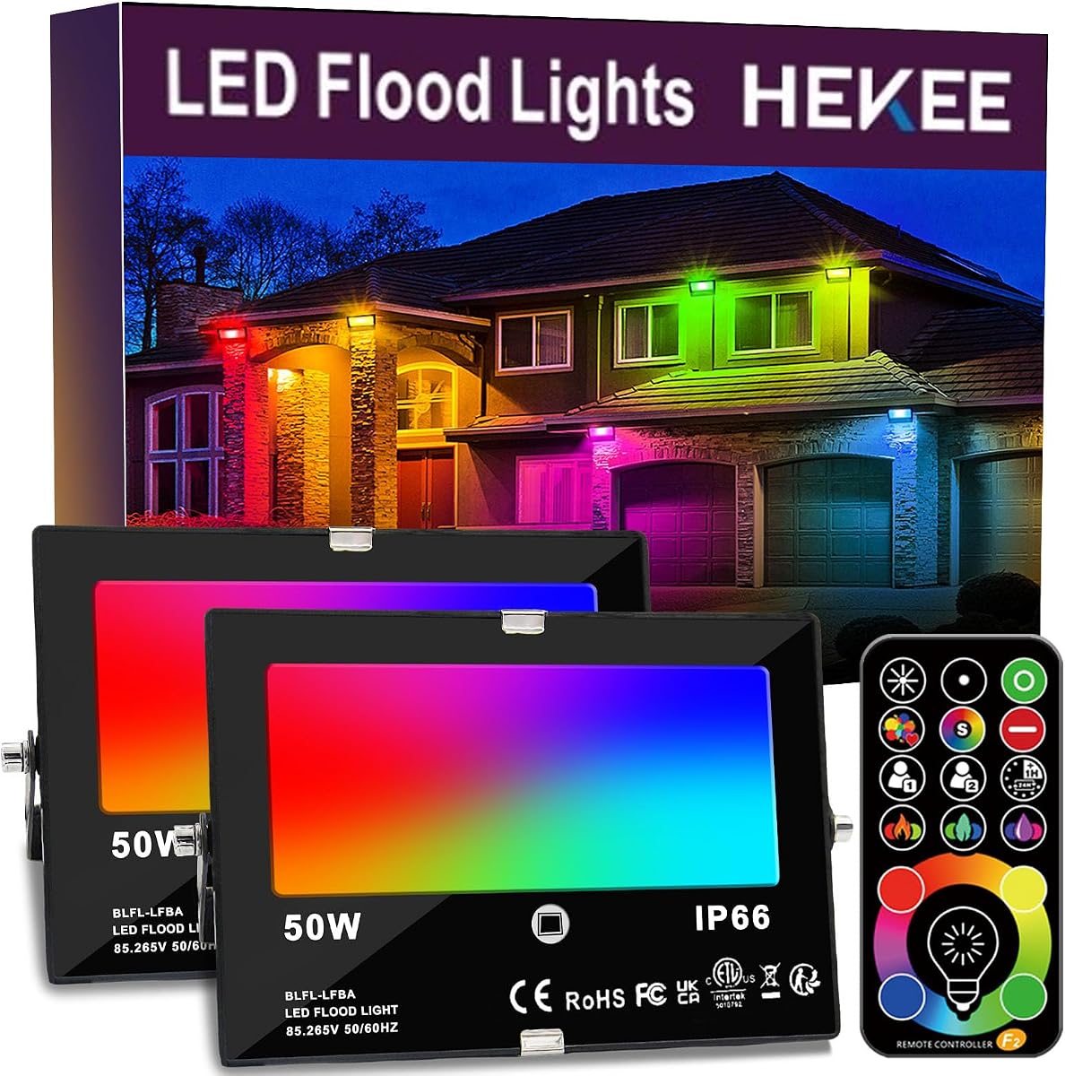 Luz de inundación LED para exteriores, reflector que cambia de color RGB de 50 W con control remoto, RGBW 120 colores, 2700 K, 5000 lúmenes, IP66 a prueba de agua, modo estroboscópico de bricolaje, temporización, para Halloween/Navidad (paquete de 2)