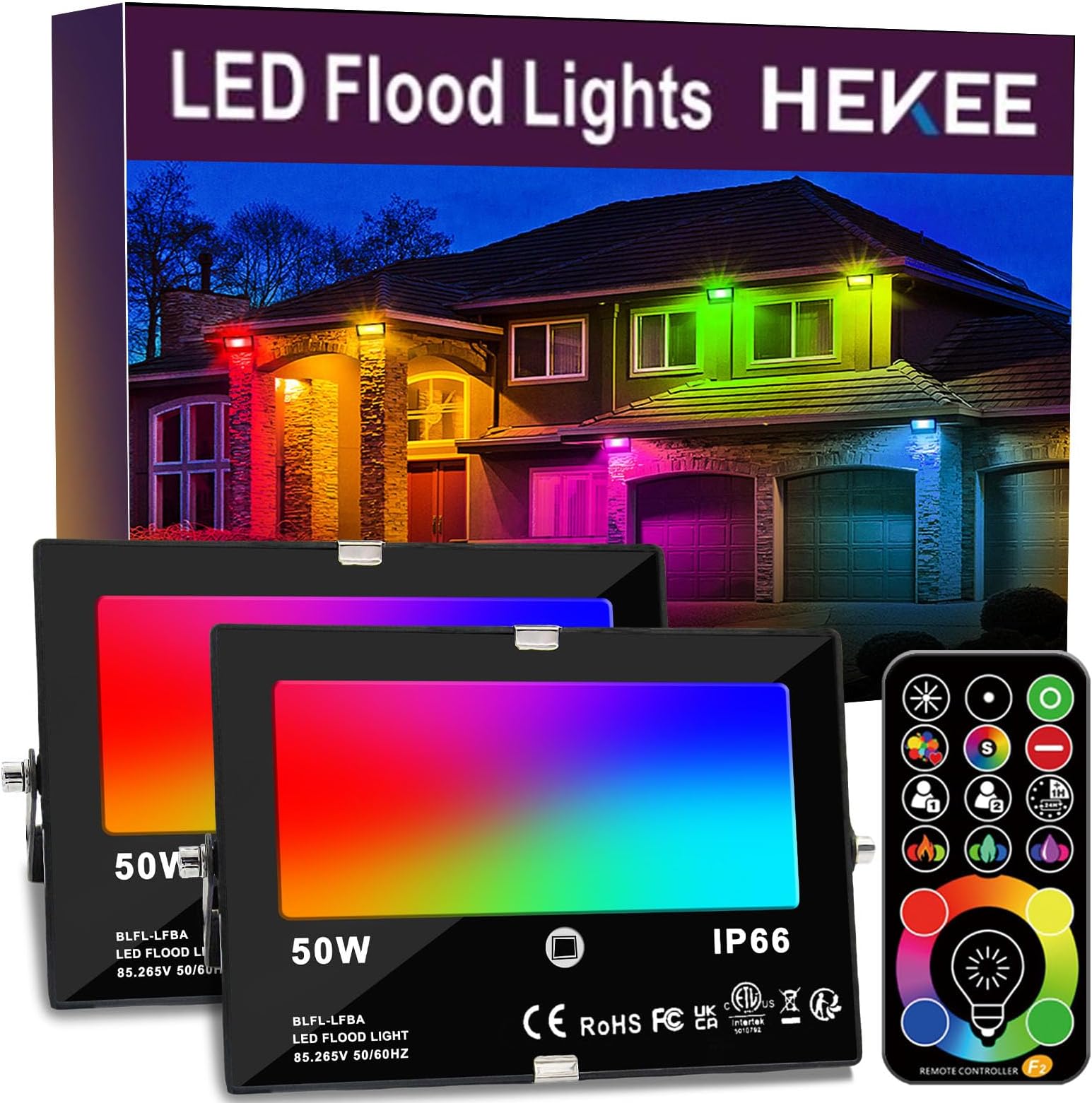 HEKEE LED Flood Light Outdoor, 50W RGB Color Changing Floodlight with Remote Control, RGBW 120 Colors, 2700K, 5000 Lumens, IP66 Waterproof, DIY Strobe Mode, Timing, for Halloween/Christmas (2 Pack)