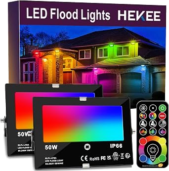 HEKEE LED Floodlight, 50W RGB Colour Changing,DIY Strobe Mode, 120 Colors, Timing, Outdoor Floodlights 5500 Lumens, RGB 2700K Warm White, IP66 Waterproof 2 Pack [Energy Class E]