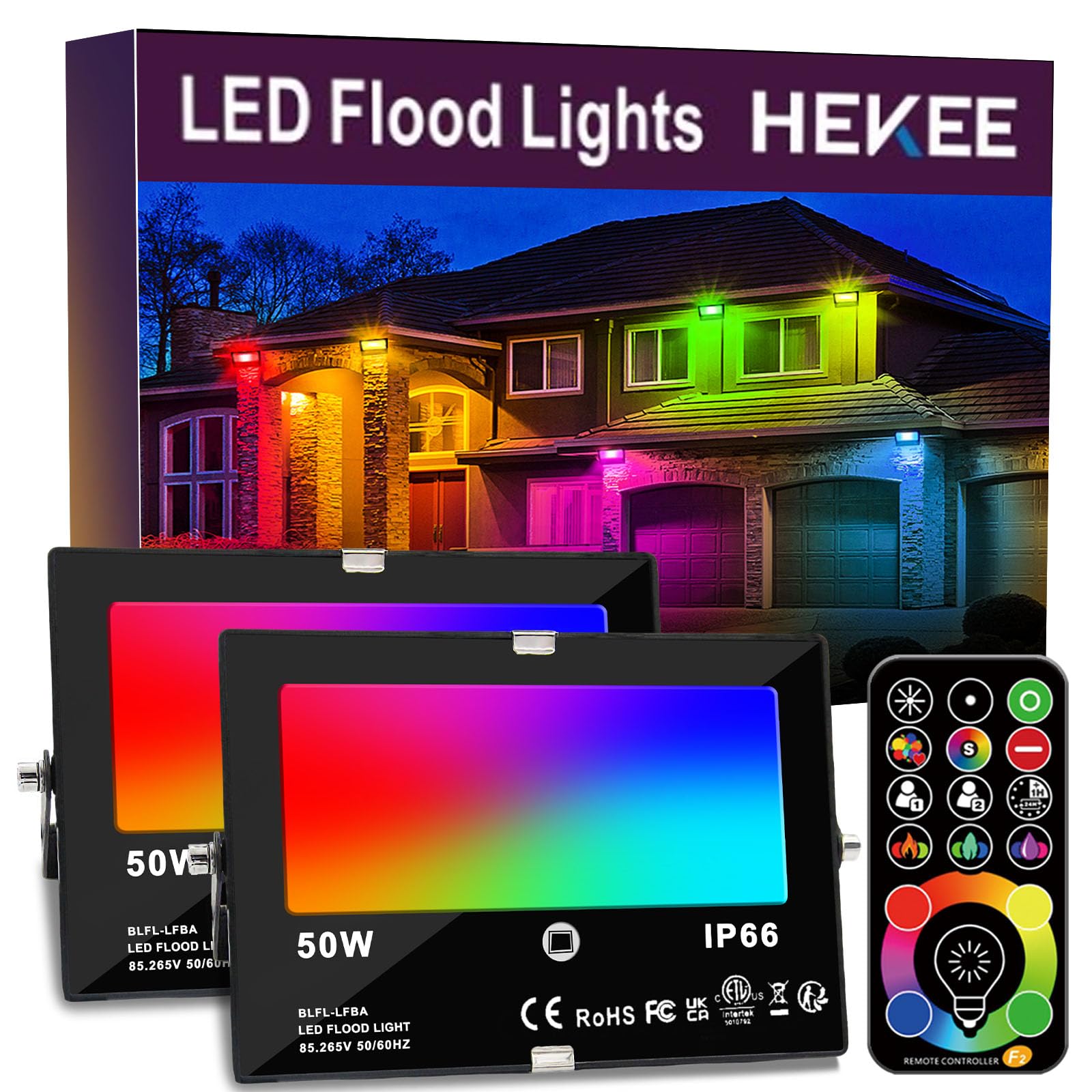 HEKEE Foco LED RGB de Colores, cambio de color RGBW equivalente a 500 W, modo estroboscópico de bricolaje, 120 colores, temporización, RGB 2700K blanco cálido, IP66 a prueba de agua (Paquete de 2)