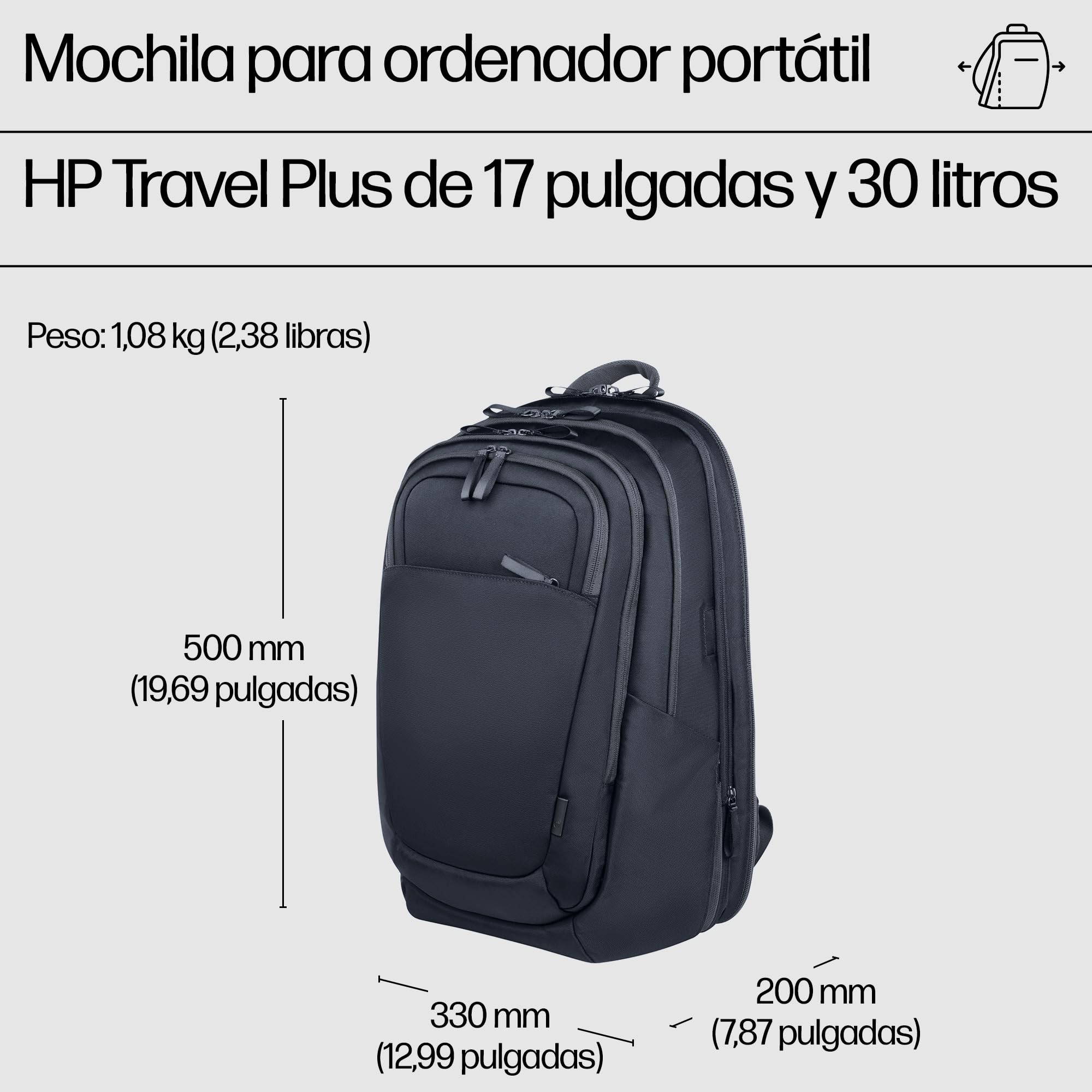 HP Mochila para portátiles hasta 17" Travel Plus, 30 litros, Unisex Adulto, Negro, Grande