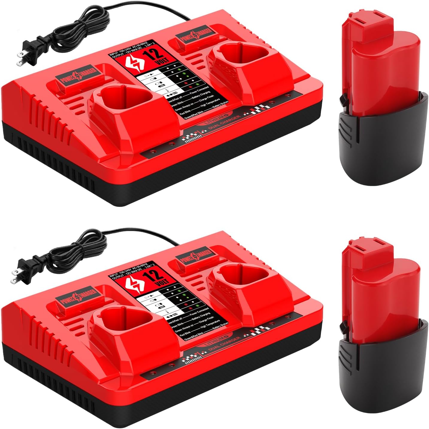 2Pack 12V 3.5Ah Compatible with Mil-Waukee 12V Battery and Charger Kit for 48-11-2420 48-11-240 12V Batteries for 12Volt Battery + 2Pack 2-Port Dual 12V Battery Charger