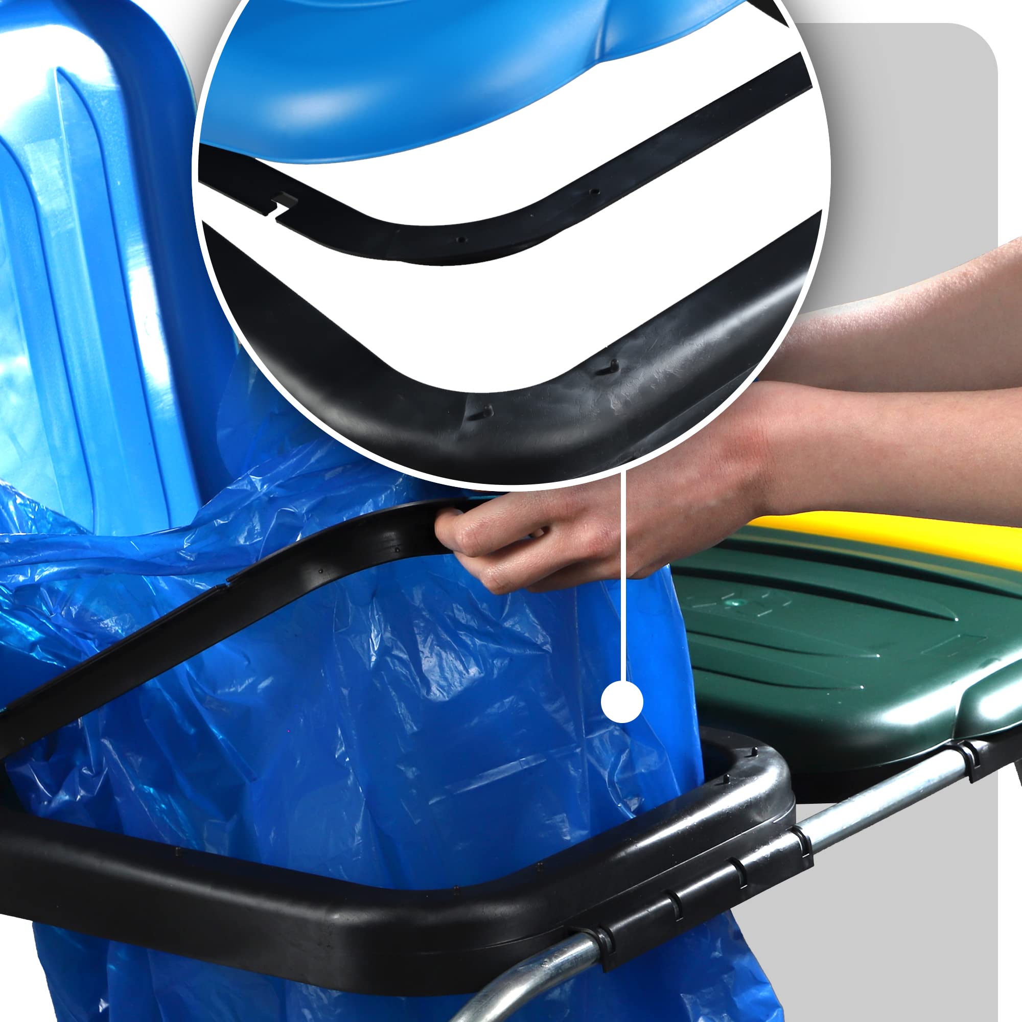 KADAX Porte-sacs poubelles triple, support pour sacs poubelles, support pour tri des déchets avec couvercle en plastique, support pour sacs poubelles pour sacs de 120 L (Vert-Jaune-Bleu)