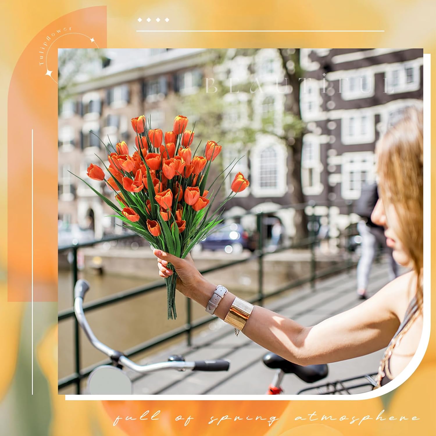 XunYee 100 Pcs Artificial Tulips Fake Flowers Bulk Plastic Faux Tulip Stems 16 Inches Spring Flowers for Outdoor Garden Indoor Home Wedding Mother Day Office Table Centerpieces Vase Decor(Orange)