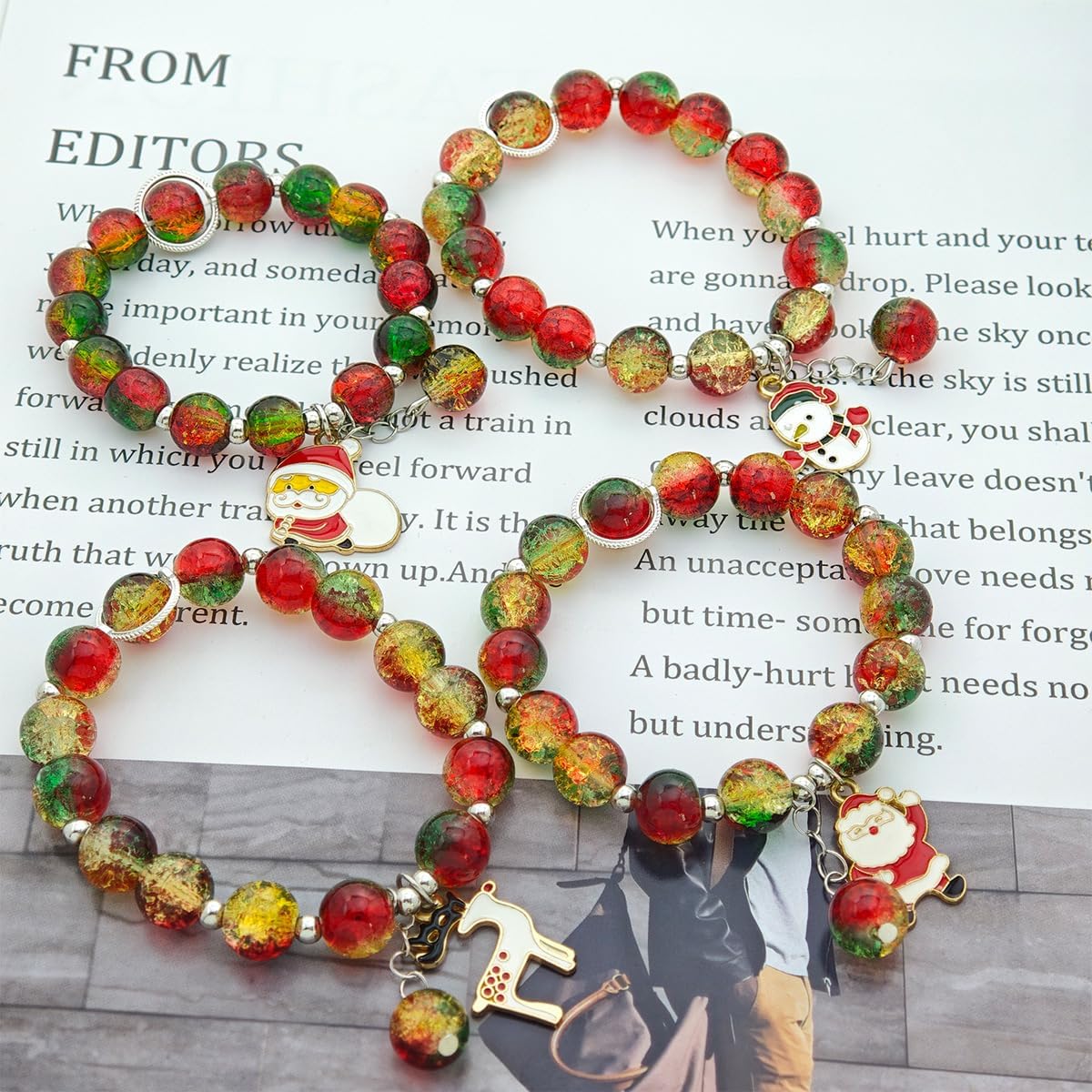 4pcs Christmas Crystal Beads Bracelet for Women Cute Snowman Santa Claus Reindeer Bracelets Set Sparkling Colorful Beads Stretch Bracelet Dainty Trendy Xmas Party Jewelry - Image 6