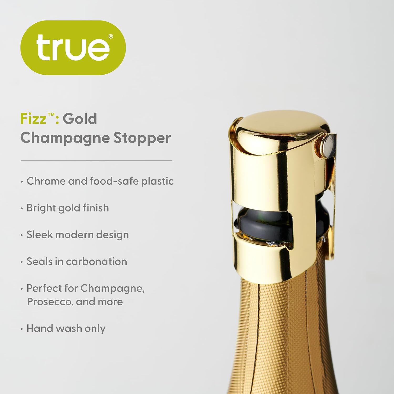 True Fizz Champagne Stoppers for Bottles, Sparkling Wine Stopper, Wine Accessories Kitchen Accessory, Gold Set of 1 image 2