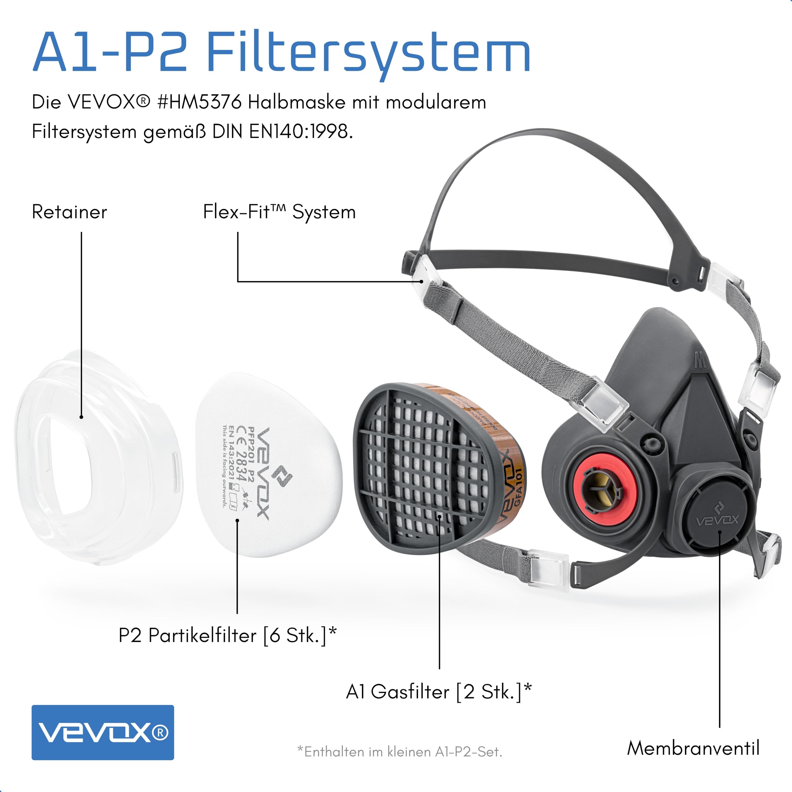 VEVOX® Atemschutzmaske – A1P2 Filter – Schutz gegen Feinstaub, Gase und Dämpfe – Zum Lackieren, Schleifen und Sanieren – Gasmaske, Staubmaske & Lackiermaske – inkl. 6x P2 und 2x A1 Filter