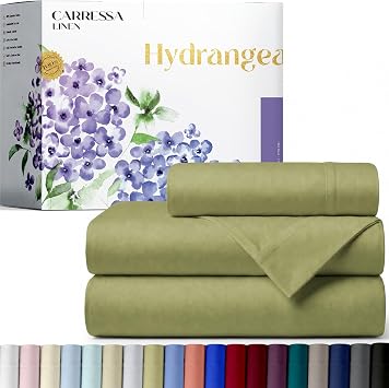 Carressa Linen 100% Egyptian Cotton Twin Sheets Set - 600 Series Hydrangeas Collection Egyptian Cotton Luxury Twin Sheets 3 PC, Sage Green, 16" Deep Pocket, Soft, Cooling, Sateen Weave Bedding