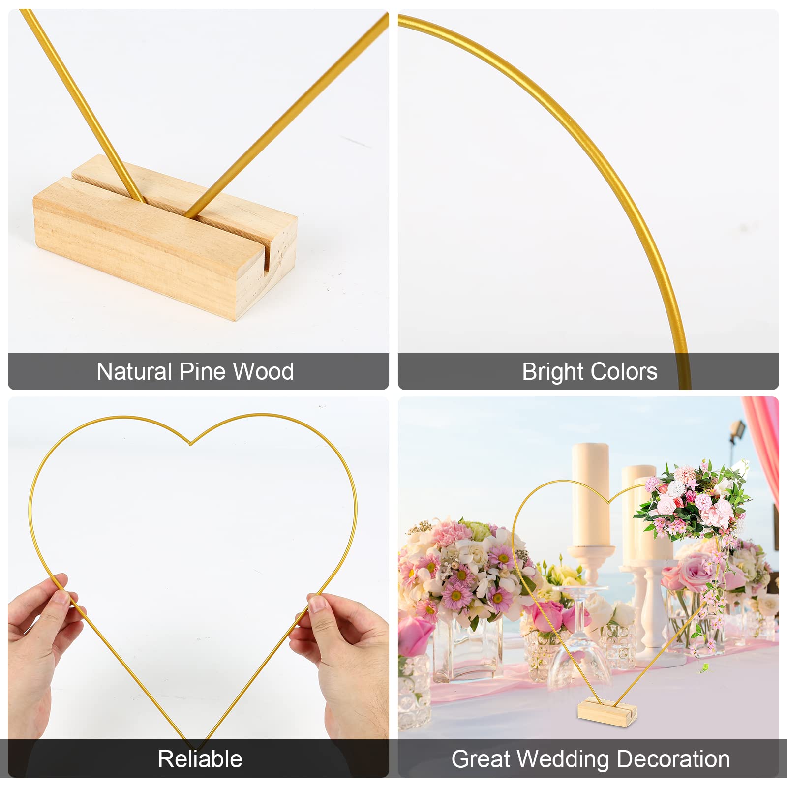 Lot de 10 cerceaux à fleurs en métal de 30 cm avec 10 supports hexagonaux en bois - Anneau décoratif en métal doré avec support en bois - Pour bricolage, couronne de table de mariage,
