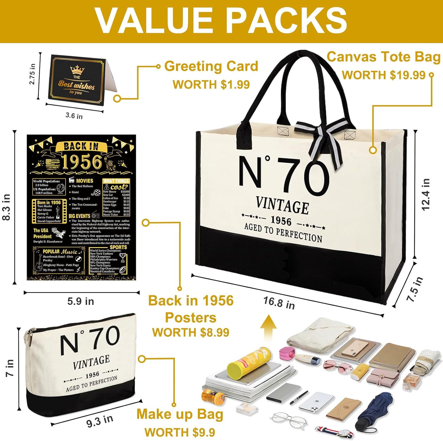 YeohJoy 70th Birthday Gifts for Women Canvas Tote Bag Travel Gear, Unique 70 Years Old Gifts for Wife Mom Sister Aunt Friends Her, Vintage N°70 Handbag & Cosmetic Bag & Back in 1956 Poster