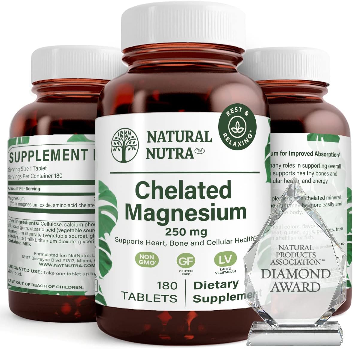 Chelated Magnesium Oxide Supplement with Amino Acid Chelate for High Absorption, Promotes Healthy Bones, Improves Dental, Heart Health and Energy Levels, 250 mg, 180 Tablets (2 Pack)