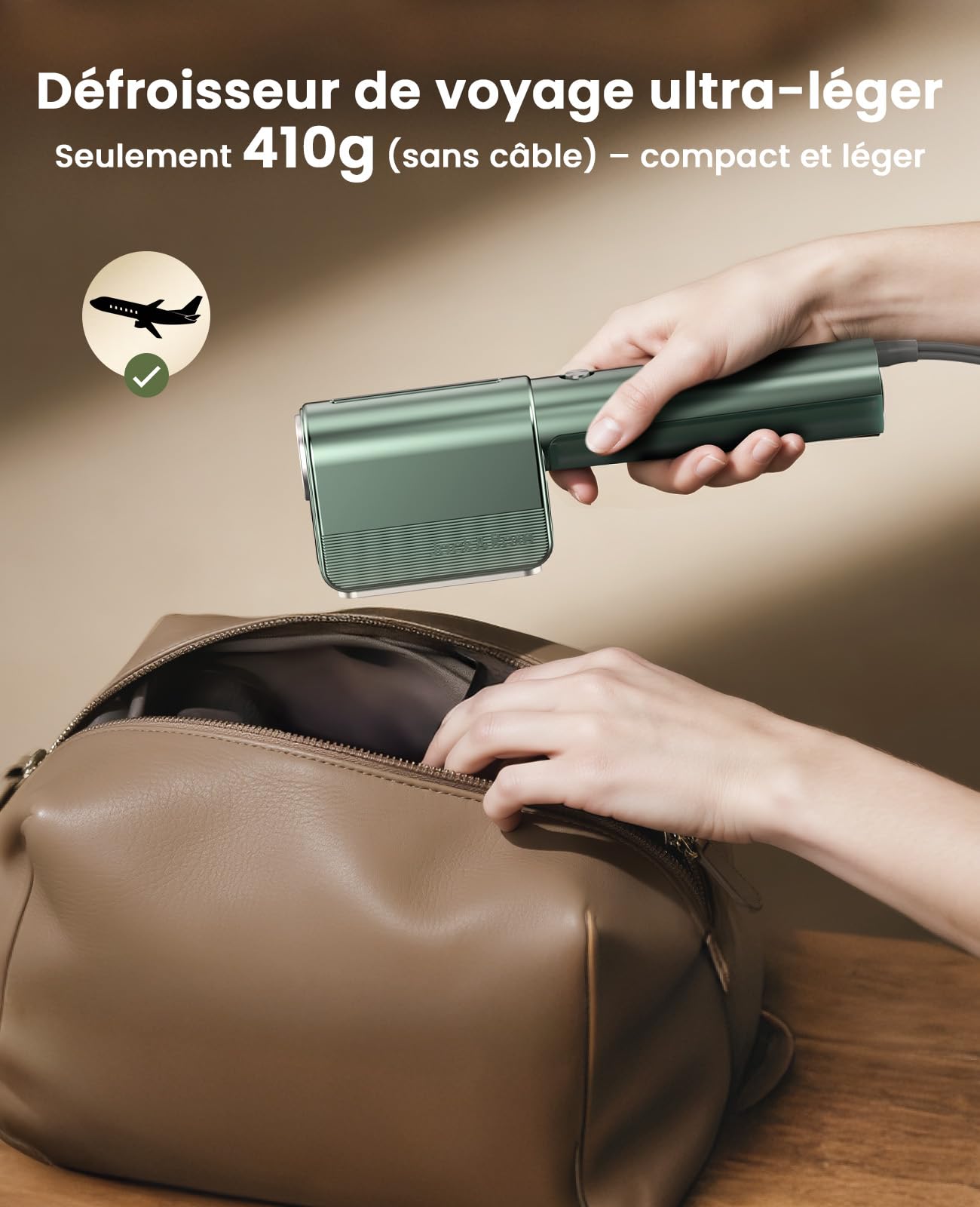 Jack & Rose Défroisseur vapeur de voyage, ultra léger et portable, avec (110-240 V), double tension, 1000 W, chauffage rapide 15 secondes, fer à repasser de voyage 2 en 1 pour vêtements, rideaux, vert