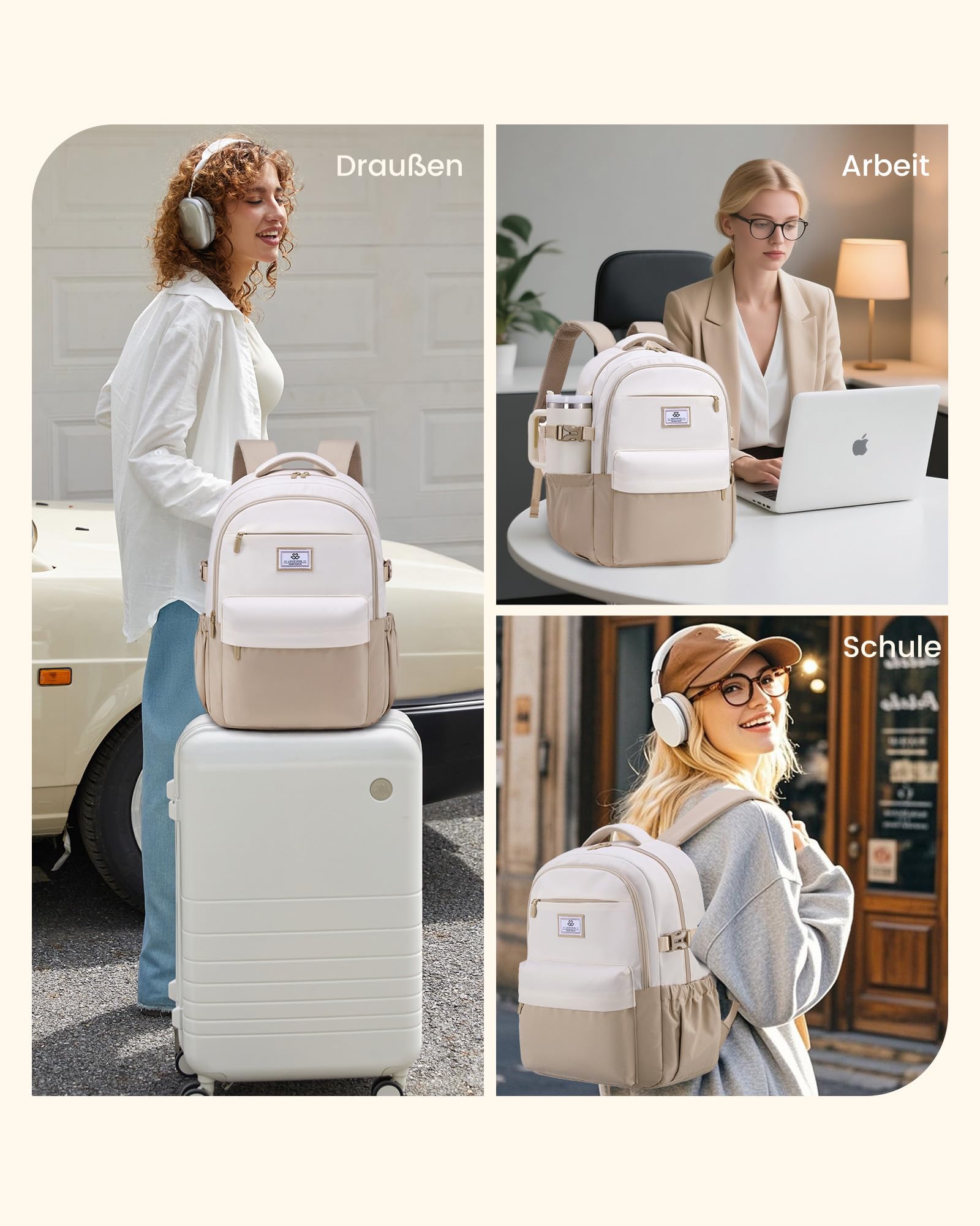 LOVEVOOK Zaino da donna per laptop da 15,6 pollici, zaino per la scuola, per ragazze, adolescenti, impermeabile, con molti scomparti, zaino da lavoro moderno, per scuola, viaggi, lavoro, cachi e beige