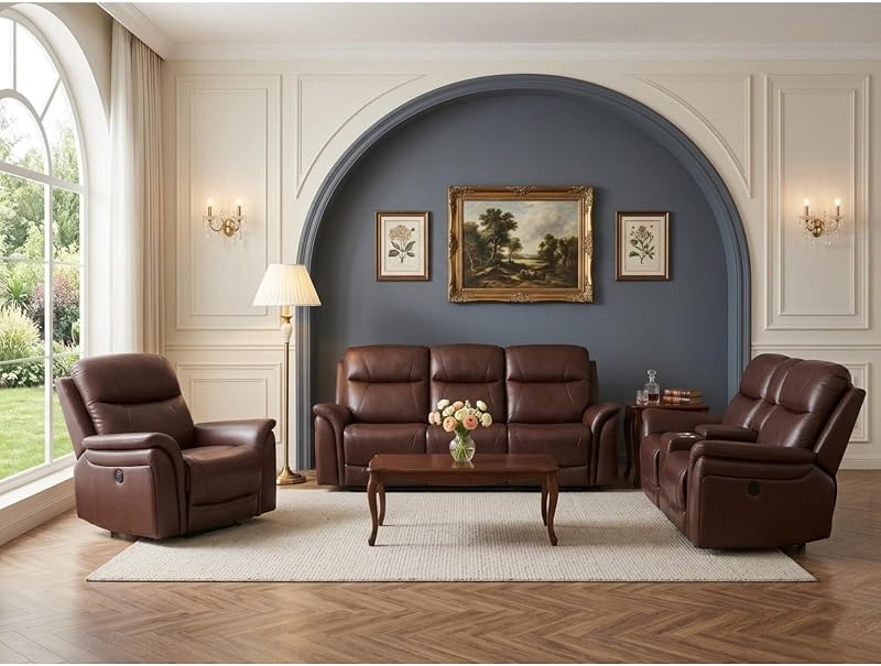 Modern Power Recliner Sofa Set of 3, Air Leather Living Room Set with Wireless Charger, Home Theater Seating with Hidden Storage & Cup Holders, Retro Vintage Furniture, Reddish Brown