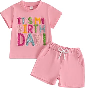 SAYOO Baby Birthday Girl Outfit Birthday Girl Print Short Sleeve T-Shirt Elastic Shorts Summer Princess 2 Piece Clothes