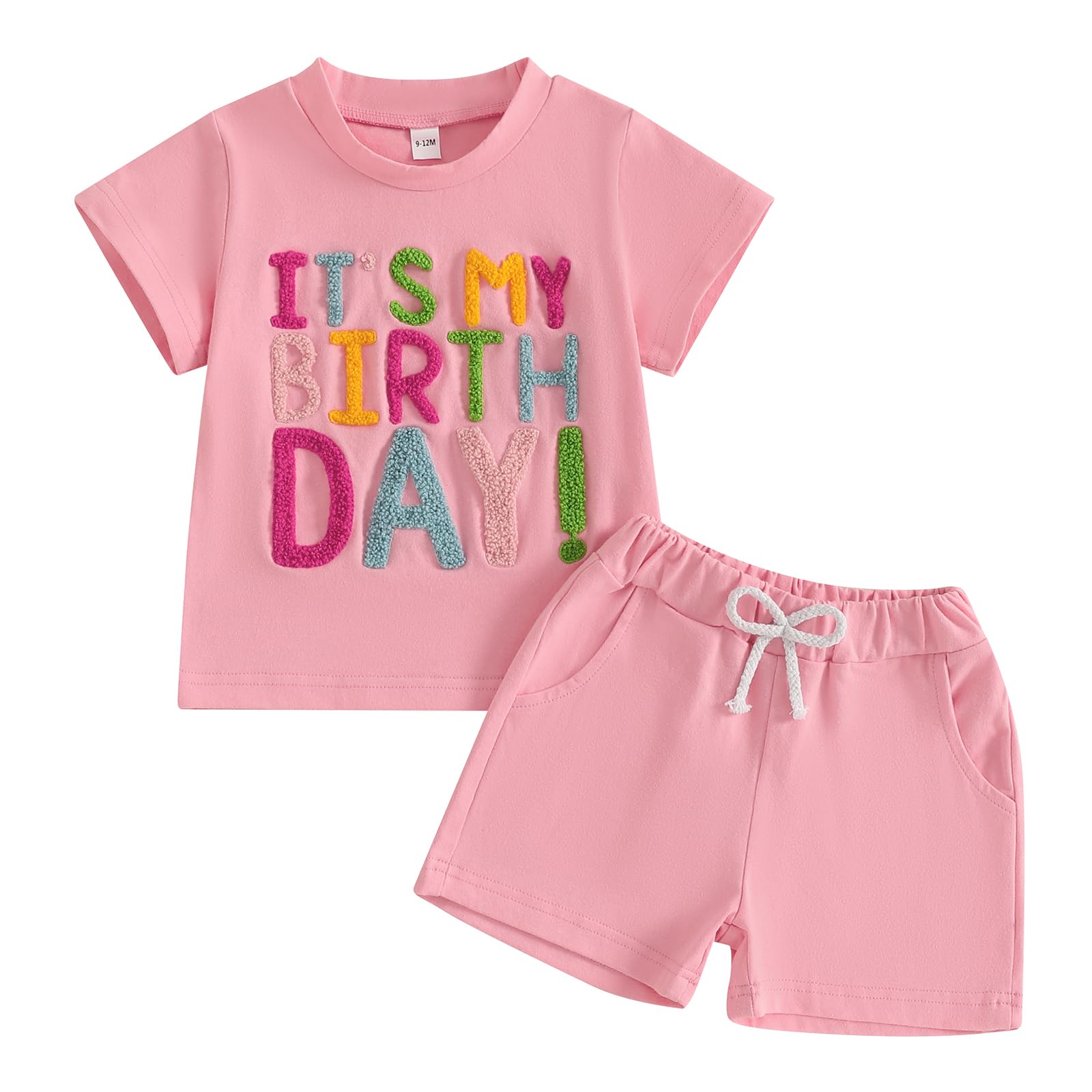 Gaono Toddler Baby Girl Birthday Outfit Short Sleeve Letter Embroidery T-Shirt And Shorts 2 Piece Set Cute Summer Clothes (D-Pink, 6-12 Months)