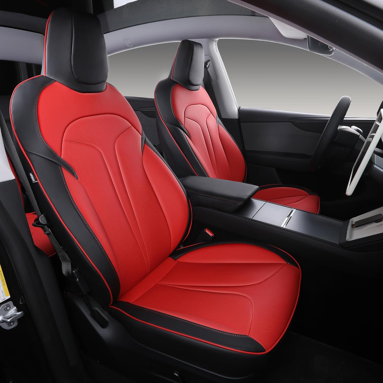 Custom Fit Seat Covers for 2025 2026 Tesla Model Y Juniper (5-Seater), Waterproof Breathable Nappa Leather, OEM Factory Style Full Set Car Seat Protectors Airbag Compatible - Red