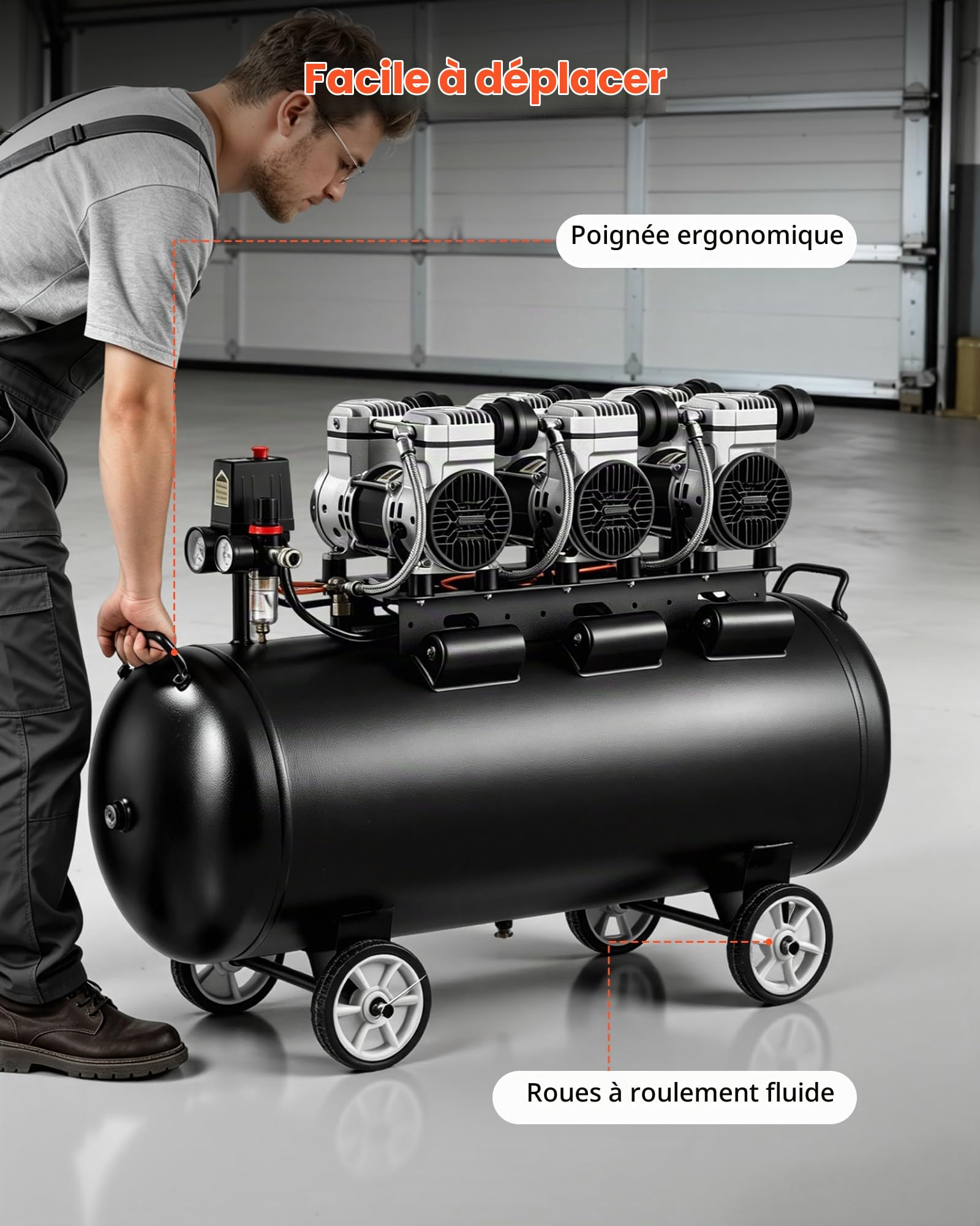 VEVOR Compresseur à Air 100 L Réservoir Compresseur d'Air sans Huile 3 kW pour Réparation Automobile, Gonflage Pneus, Peinture Pistolet, Clouage Bois, 198 L/min à 6,2 bar, Max. 8 bar, Portatif Mobile