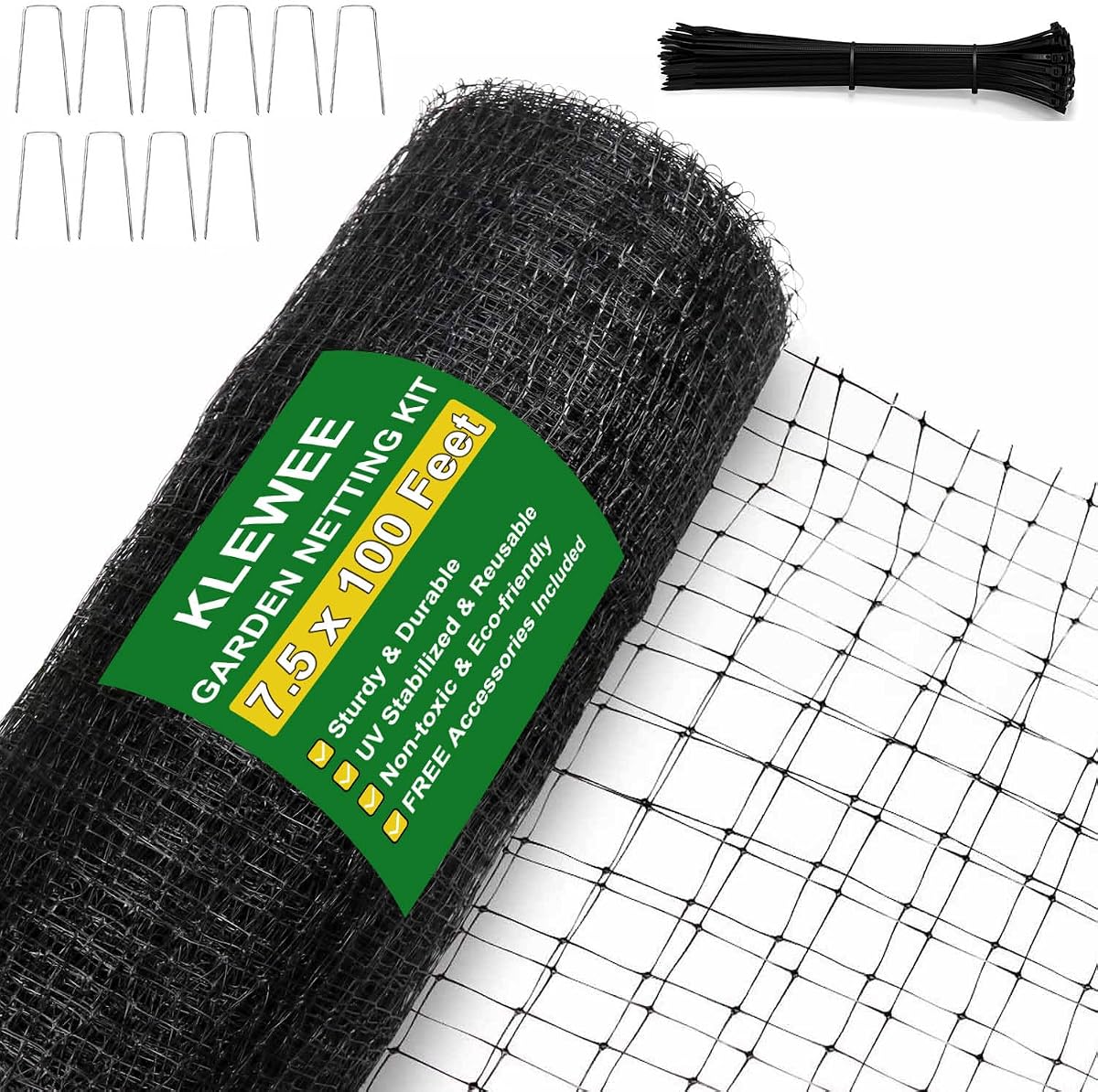 KLEWEE Bird Netting, 7.5 x 100 FT Heavy Garden Netting Deer Netting Fence | Fruit Tree Plant Vegetable Protection, 3/4" Fine Mesh from Birds Deer Squirrel Animals, UV Resistant, 10 Stakes & 50 Zip Ties
