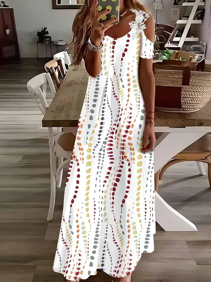 Vestido maxi feminino com estampa floral, ombro vazado, gola V, vestido casual de verão