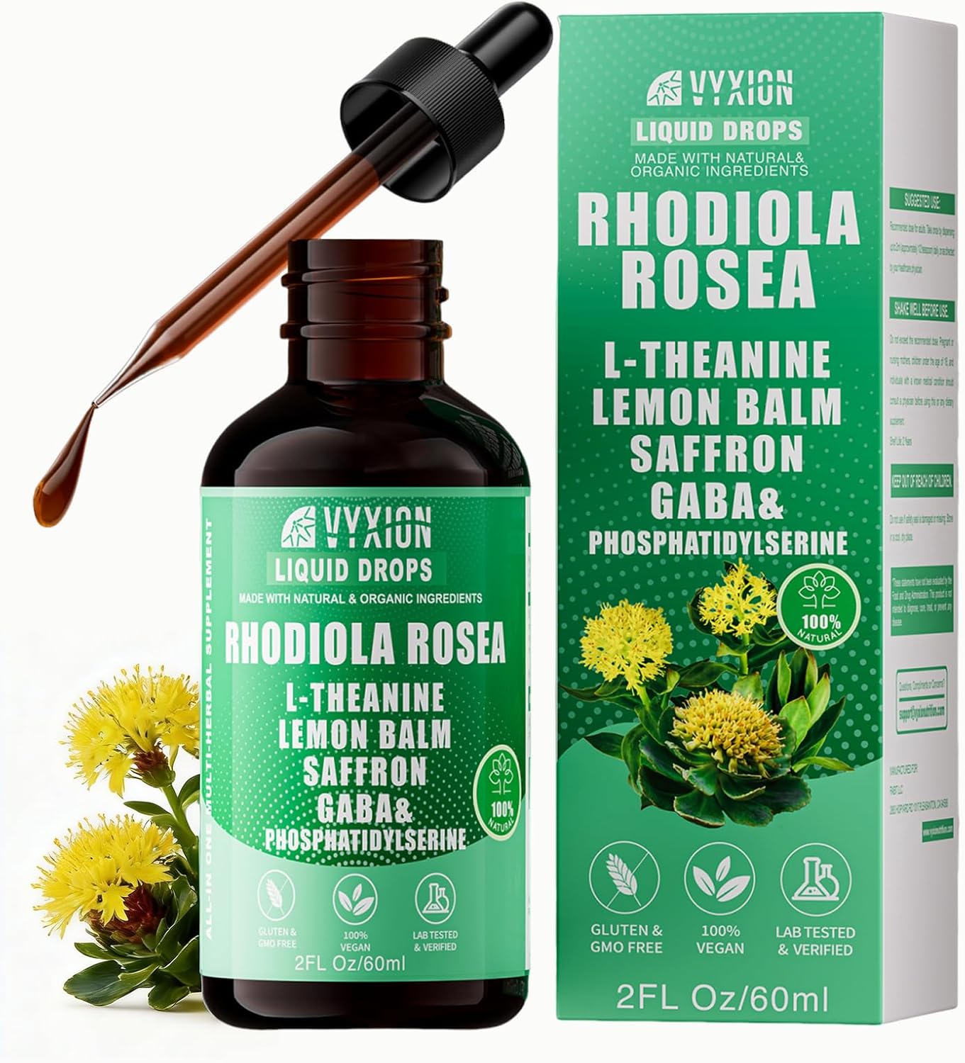 Vyxion Rhodiola Rosea Organic Extract Liquid 10-in-1 | Rhodiola, Saffron, GABA, L-Theanine | Supports Mood, Calm & Energy | 60ml, Vegan, Alcohol-Free