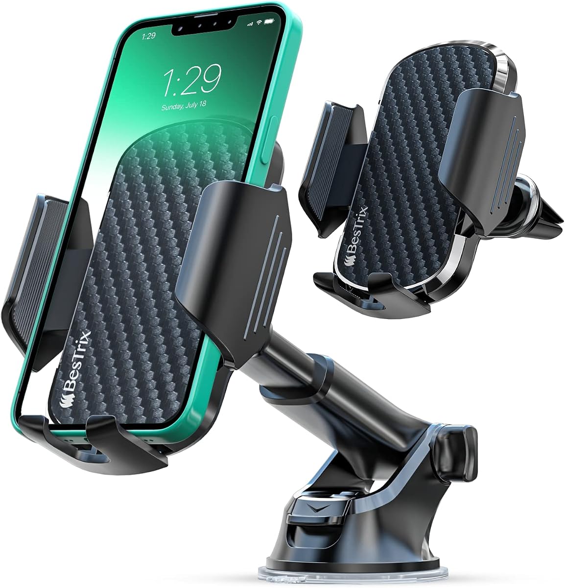 Soporte universal para teléfono para automóvil 3 en 1 - Fuerte succión para tablero y parabrisas + clip de ventilación - Brazo ajustable para todos los teléfonos inteligentes de hasta 6.9 "- Tablero