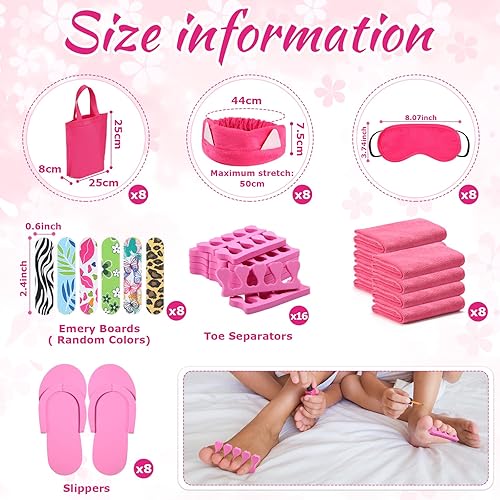 Miniatura 3 de Jeyiour 72 piezas de suministros de fiesta de spa para niñas, incluyen 8 toallas de mano, 8 lavabos, 16 separadores de dedos, 8 bolsas de mano, 8