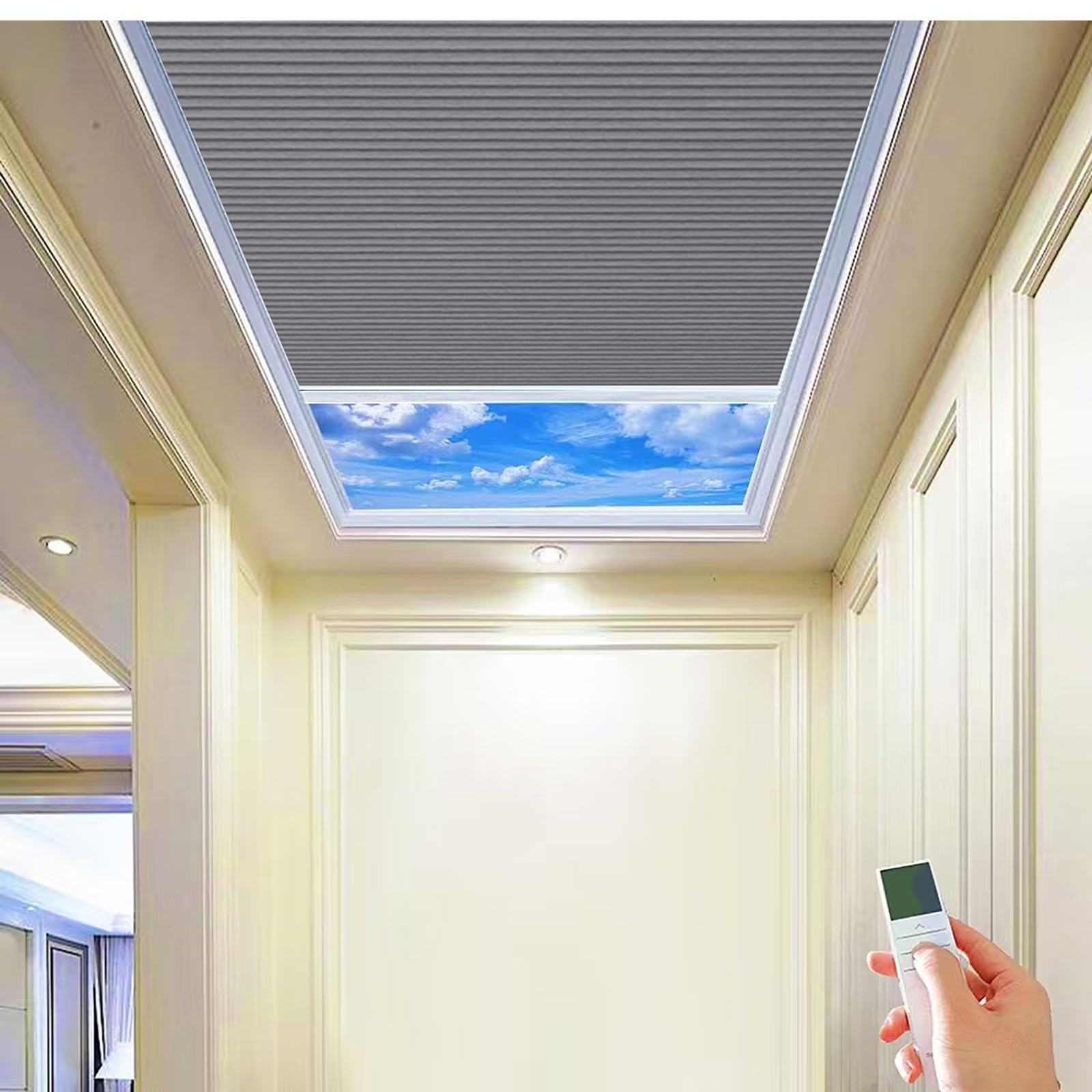 TIPIACE New Upgrade Rechargeable Motorized Skylight Blinds Full Blackout Fabric Cellular Honeycomb Shades Suitable for Roof Inclined Plane Room Windows (Dark Grey 93021F)