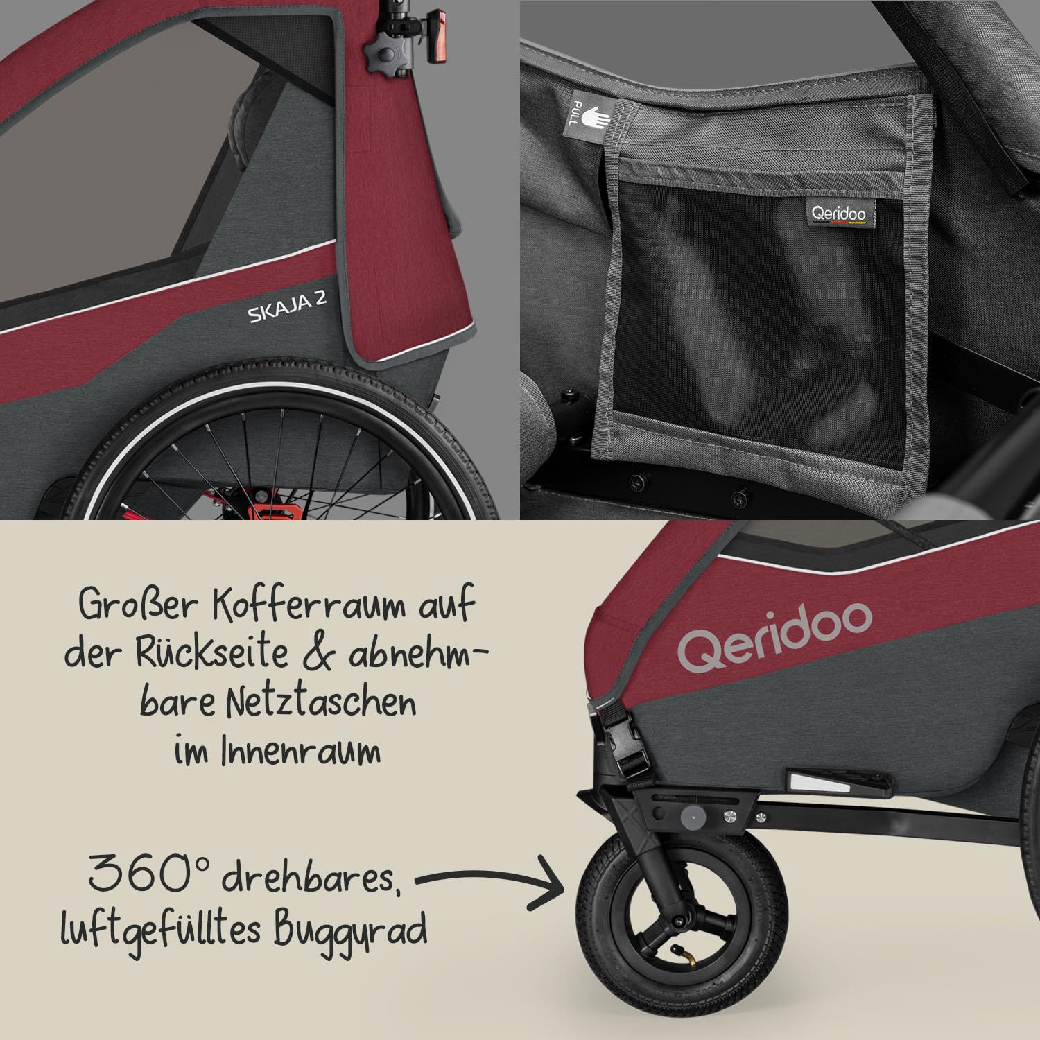 Qeridoo Skaja 2 Cayenne Red | Fahrradanhänger 2 Kinder mit Premium-Federung & 3-in-1-Funktion | Kinderfahrradanhänger & Jogger Kinderwagen | Leichter Fahrrad Anhänger Kinder | Sicher & Komfortabel