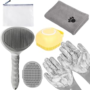 Dog Bath Brush Kit with Towel & Washing Gloves, 6-in-1 Slicker Hair Grooming Brush for Shedding, Dog & Cat Bath Grey