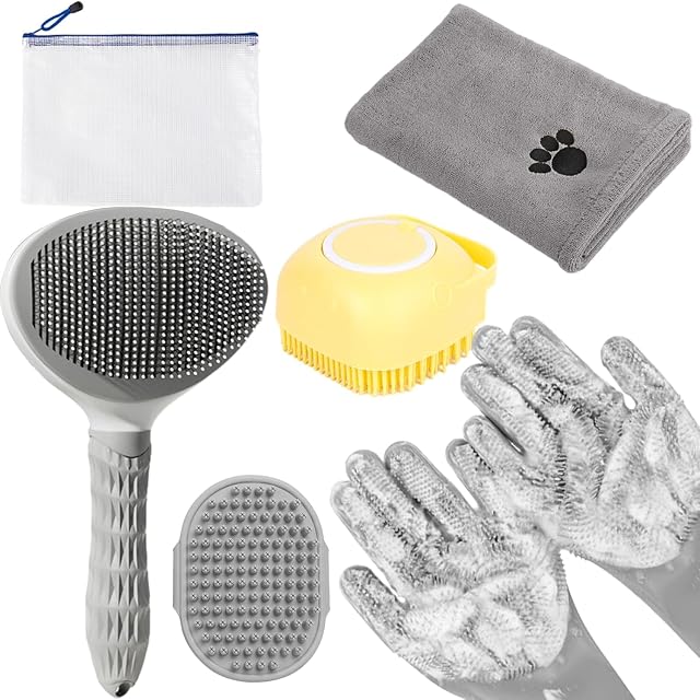 Kit brosse de bain pour chien avec serviette & Laver les gants, 6-in-1 Pinceau de grooming pour chevet, Chien & Chat Bath Grey