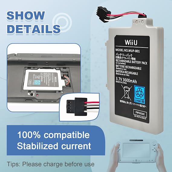 Battery Replacement for Nintendo Wii U WiiU Gamepad WUP-012 WUP-010 | Game Pad Rechargeable Battery Pack Upgrade High Capacity 3600mAh Model WUP-013 WUP-001 WUP-002 ARR-002 Console