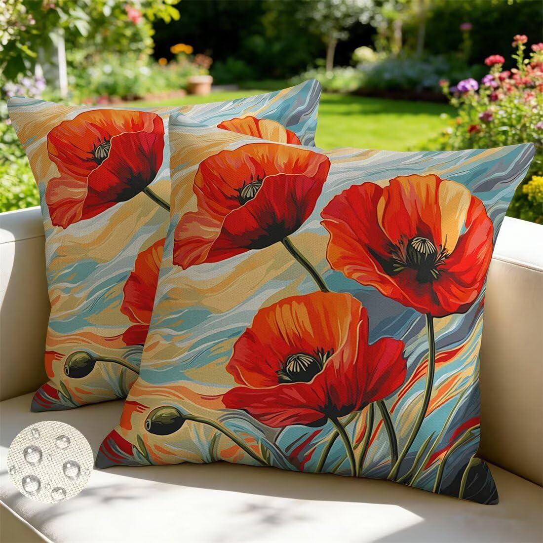Outdoor Kissen Wetterfest Kissenbezüge 55x55 cm 2er Set Kissenbezug Mohnblume Sofakissen Deko Kissen Abstrakt Wasserfeste Frühling Sommer Kissenhülle Gartenkissen Zierkissen für Balkon Patio -GY195