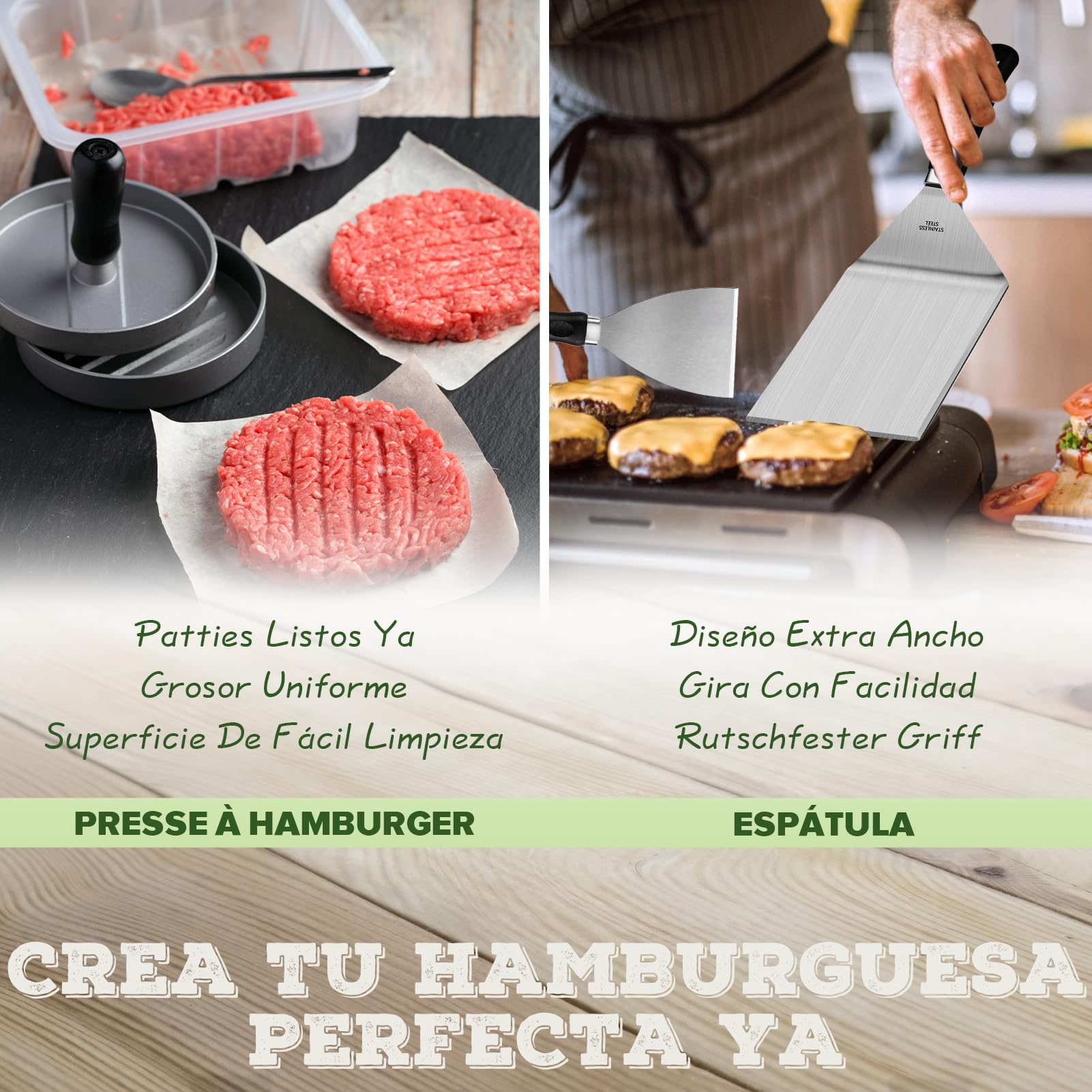 Set Smash Burger de 5 Piezas, Juego de espátulas de Acero Inoxidable para Plancha Teppanyaki, con espátula Ancha, Prensa para Hamburguesas, Campana de cocción espátula de ángulo, Regalo para Hombres