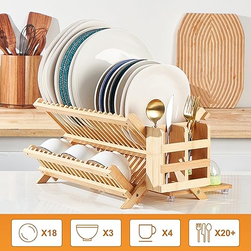 Miniatura 5 de Olioeiao Bamboo Dish Drying Rack for Kitchen - Collapsible 3-Tier Wooden Folding Drainer with Utensil Holder and Dish Strainer Board for Countertop,