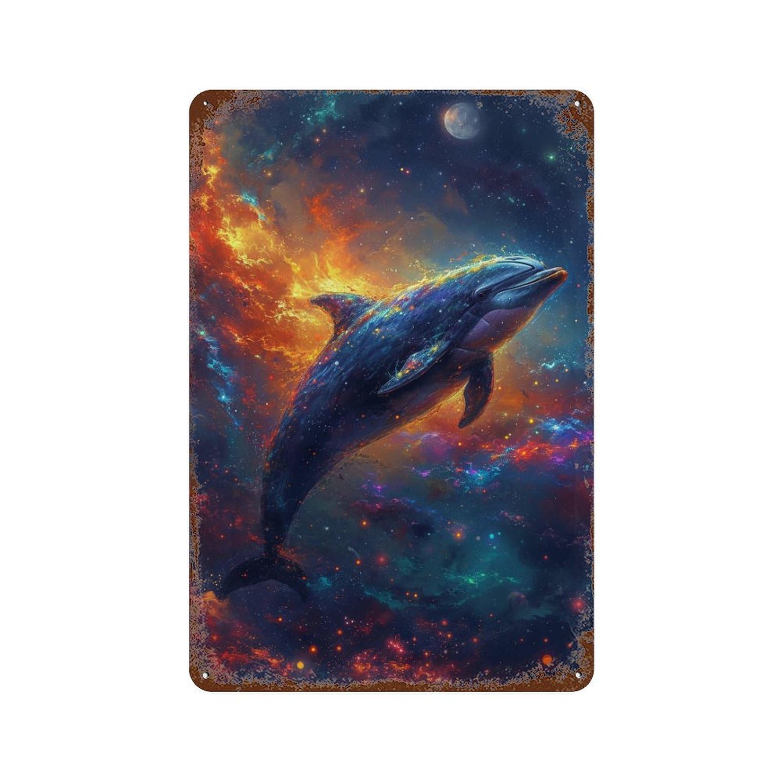 Vintage Rust Metal Sign with Cosmic Dolphin Art Print Design 11.8"x7.9", for Office, Studio And Wall Decor, Farmhouse Wall Decor