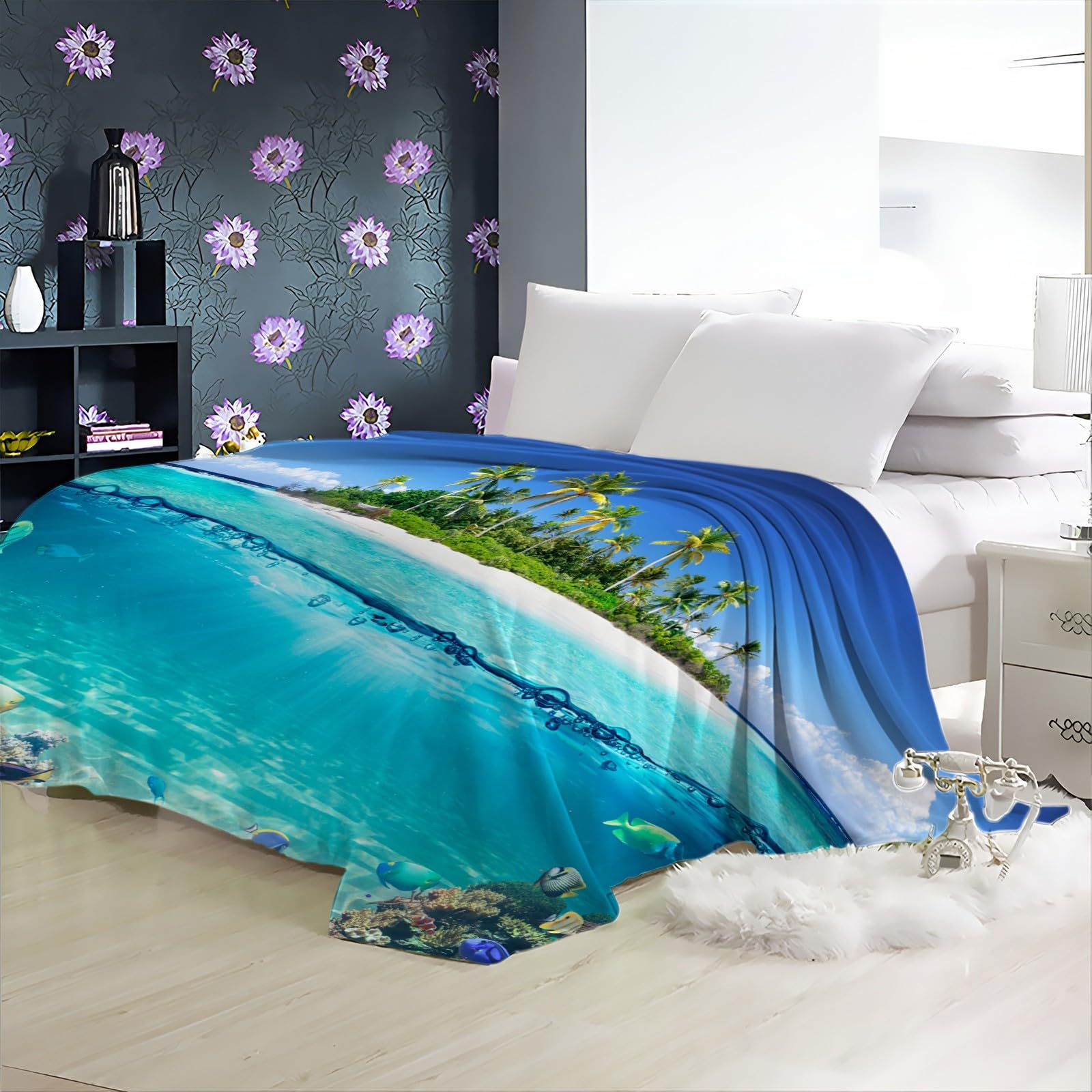 Couverture Douillette 180x200 Cm - Flanelle Microfibre 300GSM - Imprimé Océan Bleu Foncé - Pour Canapé, Lit, Voyage - Réversible - 8