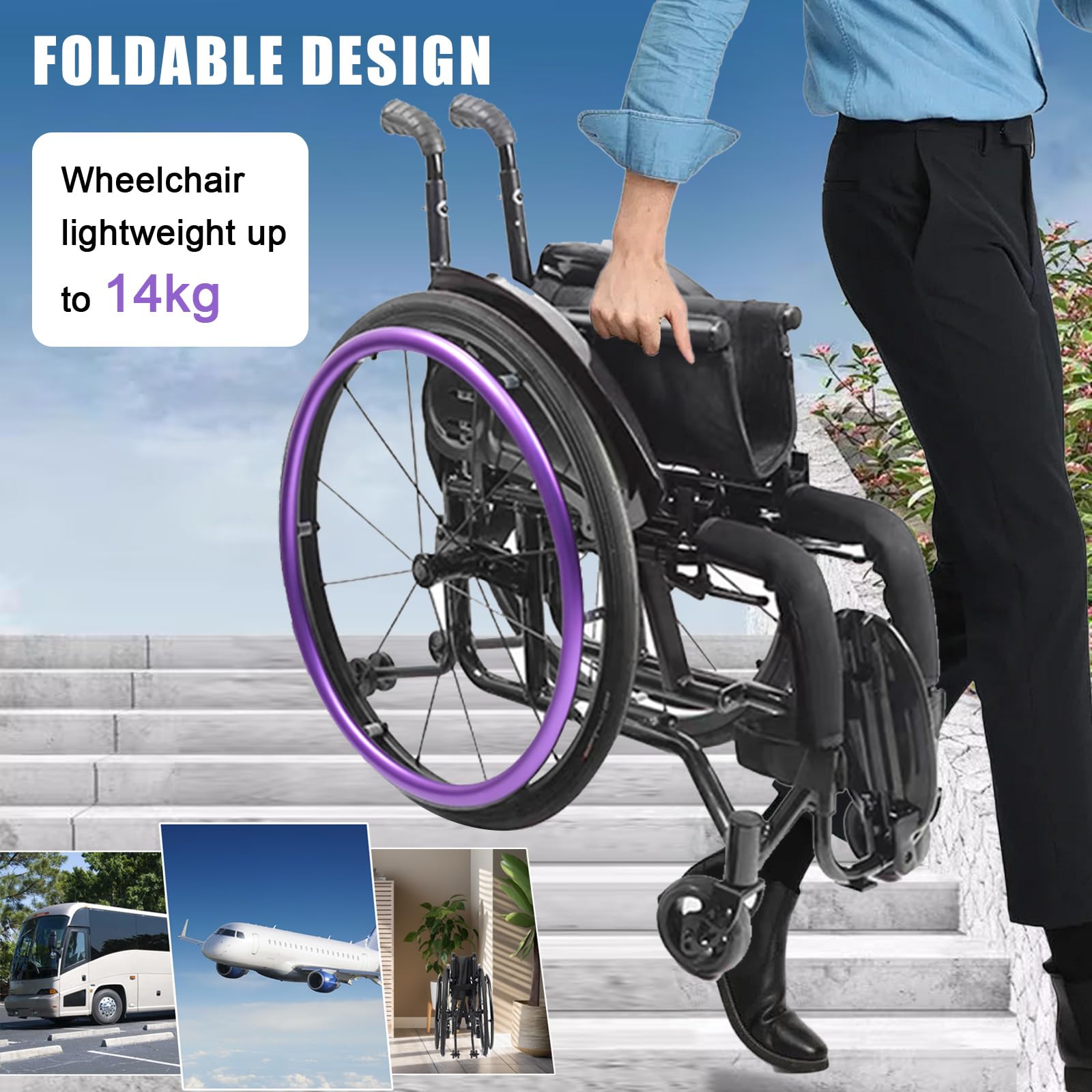 Silla de Ruedas Deportiva Manual Plegable - Ultraligera de Aleación de Aluminio, Ergonómica,sillas de ruedas manuales autopropulsadas,liberación rápida,Altura regulable(Seat width 38cm/15in,C)