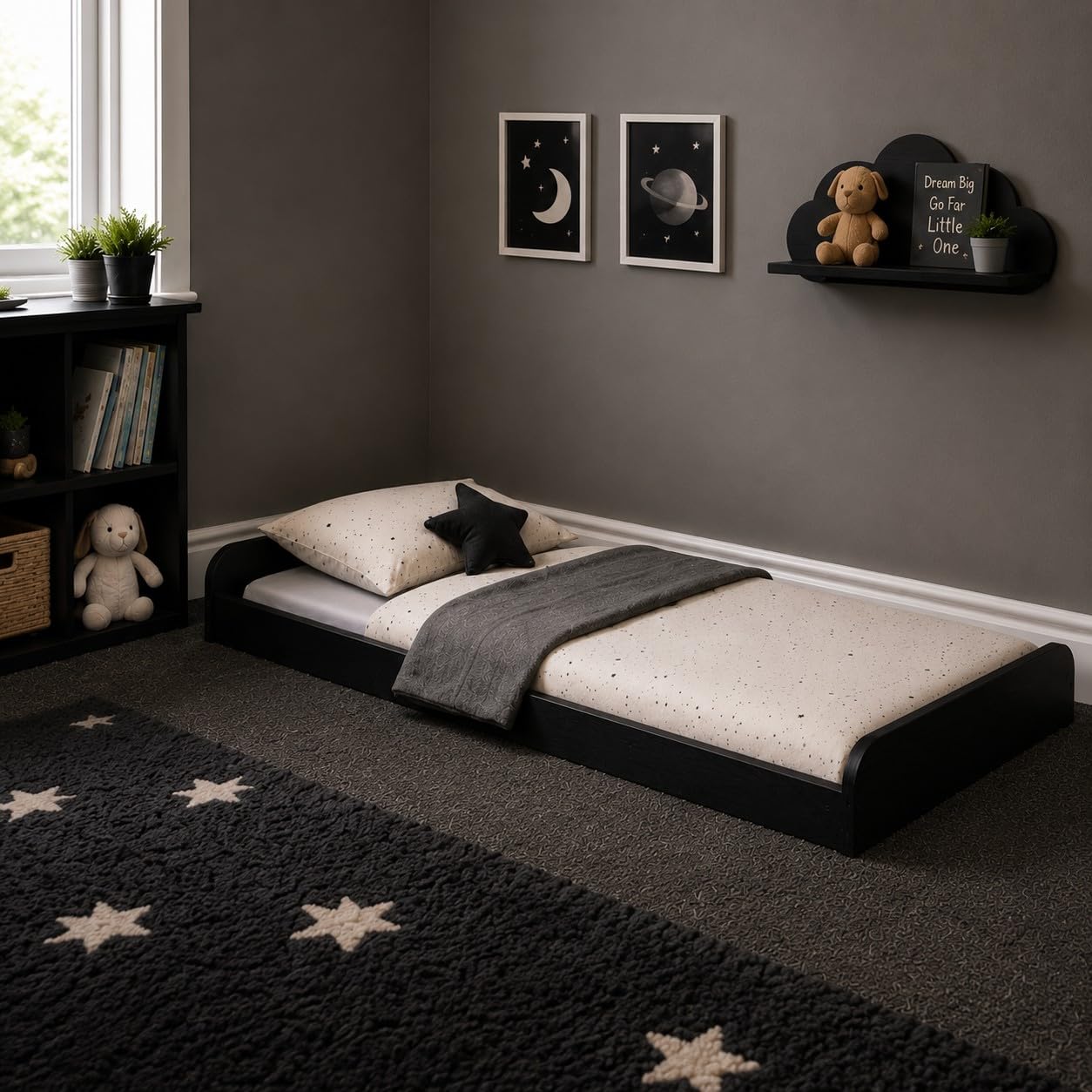 STRICTLY BEDS&BUNKS Leon Montessori Solid Pine Bed Frame 3ft (Black, Single)