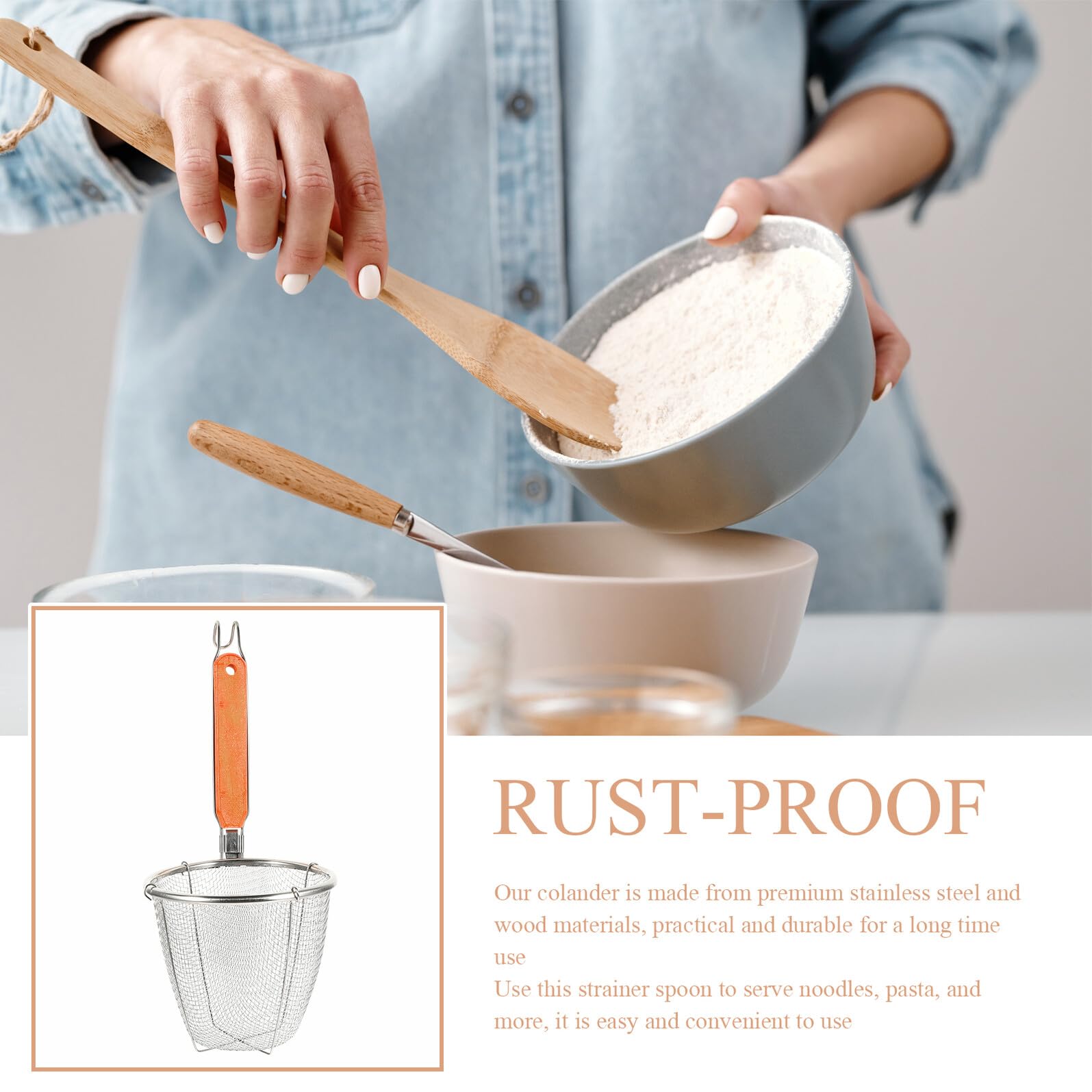 IMIKEYA 4 Stück Nudelsieb Edelstahl Feines Siebgewebe mit Holzgriff Ergonomisch Küchensieb Abtropflöffel für Pasta und Gemüse