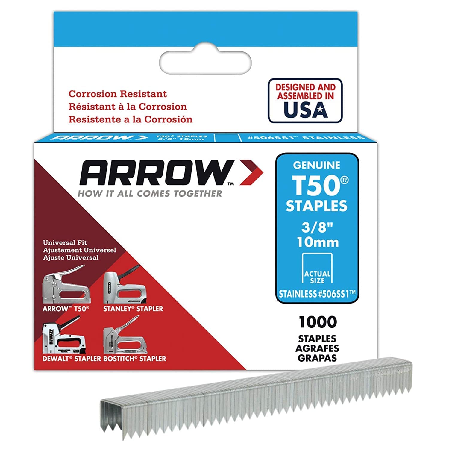 Arrow Fastener 506SS1 3/8" T50 Stainless Steel Staples, Pack of 3