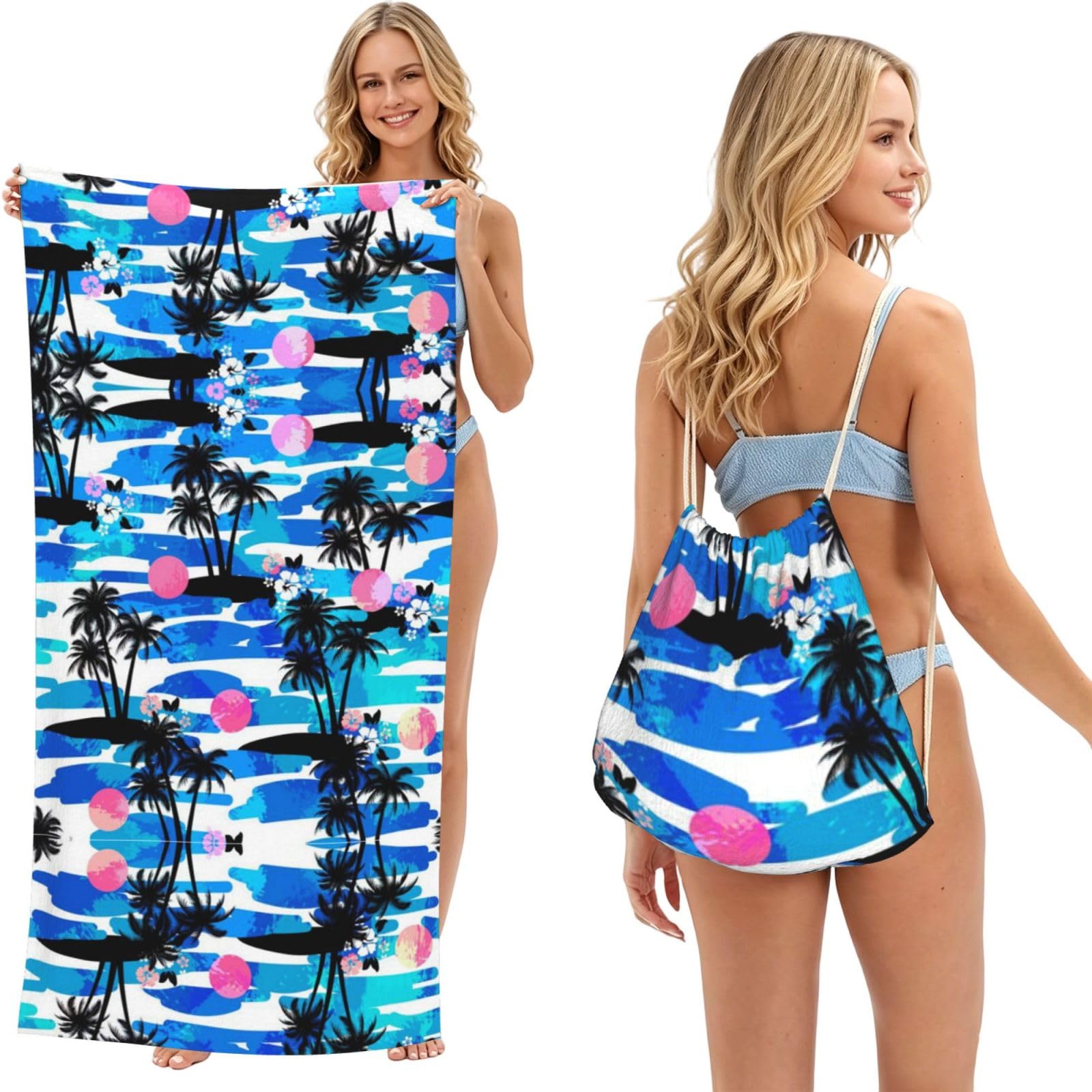 ESNAIUVCD Palm Tree Print Beach Towel For Adults,Towel With Drawstring Bag, Travel Pool Swimming Sports Shower Sand Free Quick Dry Bath Towel For Pool, Beach, Yoga- 180x60cm